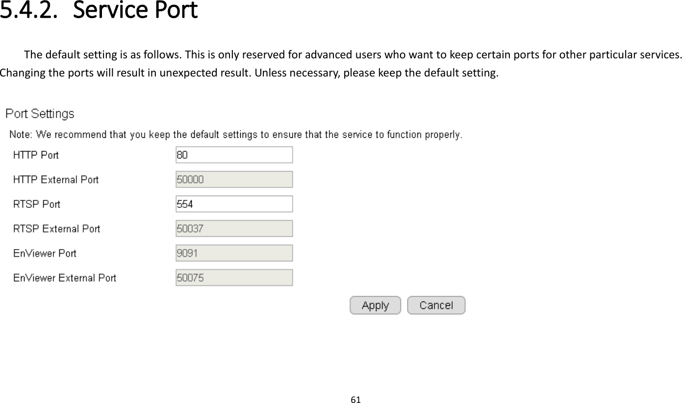 61   5.4.2. Service Port The default setting is as follows. This is only reserved for advanced users who want to keep certain ports for other particular services. Changing the ports will result in unexpected result. Unless necessary, please keep the default setting.   