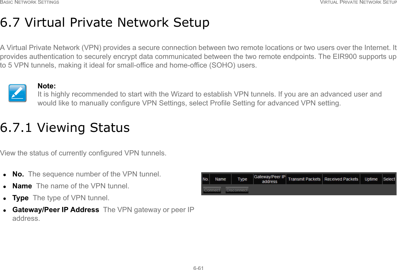 BASIC NETWORK SETTINGS VIRTUAL PRIVATE NETWORK SETUP6-616.7 Virtual Private Network SetupA Virtual Private Network (VPN) provides a secure connection between two remote locations or two users over the Internet. It provides authentication to securely encrypt data communicated between the two remote endpoints. The EIR900 supports up to 5 VPN tunnels, making it ideal for small-office and home-office (SOHO) users.6.7.1 Viewing StatusView the status of currently configured VPN tunnels.Note:It is highly recommended to start with the Wizard to establish VPN tunnels. If you are an advanced user and would like to manually configure VPN Settings, select Profile Setting for advanced VPN setting.zNo.  The sequence number of the VPN tunnel.zName  The name of the VPN tunnel.zType  The type of VPN tunnel.zGateway/Peer IP Address  The VPN gateway or peer IP address.