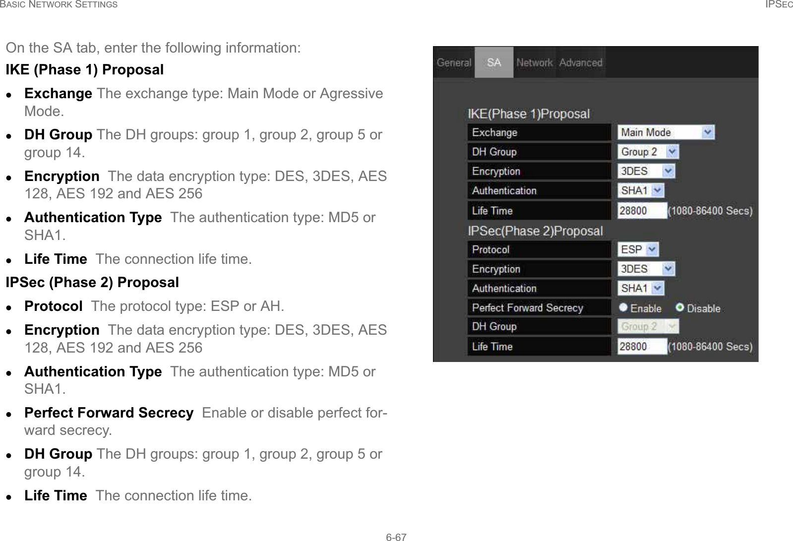 BASIC NETWORK SETTINGS IPSEC6-67On the SA tab, enter the following information:IKE (Phase 1) ProposalzExchange The exchange type: Main Mode or Agressive Mode.zDH Group The DH groups: group 1, group 2, group 5 or group 14.zEncryption  The data encryption type: DES, 3DES, AES 128, AES 192 and AES 256zAuthentication Type  The authentication type: MD5 or SHA1.zLife Time  The connection life time.IPSec (Phase 2) ProposalzProtocol  The protocol type: ESP or AH.zEncryption  The data encryption type: DES, 3DES, AES 128, AES 192 and AES 256zAuthentication Type  The authentication type: MD5 or SHA1.zPerfect Forward Secrecy  Enable or disable perfect for-ward secrecy.zDH Group The DH groups: group 1, group 2, group 5 or group 14.zLife Time  The connection life time.