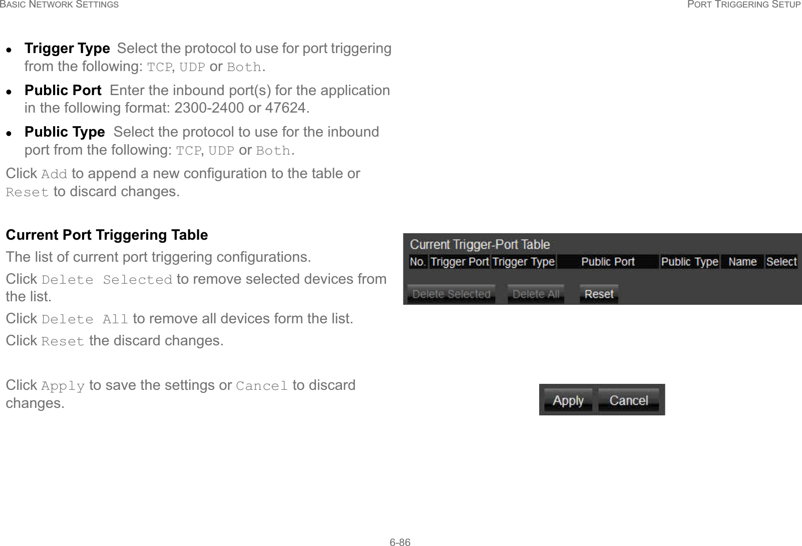 BASIC NETWORK SETTINGS PORT TRIGGERING SETUP6-86zTrigger Type  Select the protocol to use for port triggering from the following: TCP, UDP or Both.zPublic Port  Enter the inbound port(s) for the application in the following format: 2300-2400 or 47624.zPublic Type  Select the protocol to use for the inbound port from the following: TCP, UDP or Both.Click Add to append a new configuration to the table or Reset to discard changes.Current Port Triggering TableThe list of current port triggering configurations.Click Delete Selected to remove selected devices from the list.Click Delete All to remove all devices form the list.Click Reset the discard changes.Click Apply to save the settings or Cancel to discard changes.