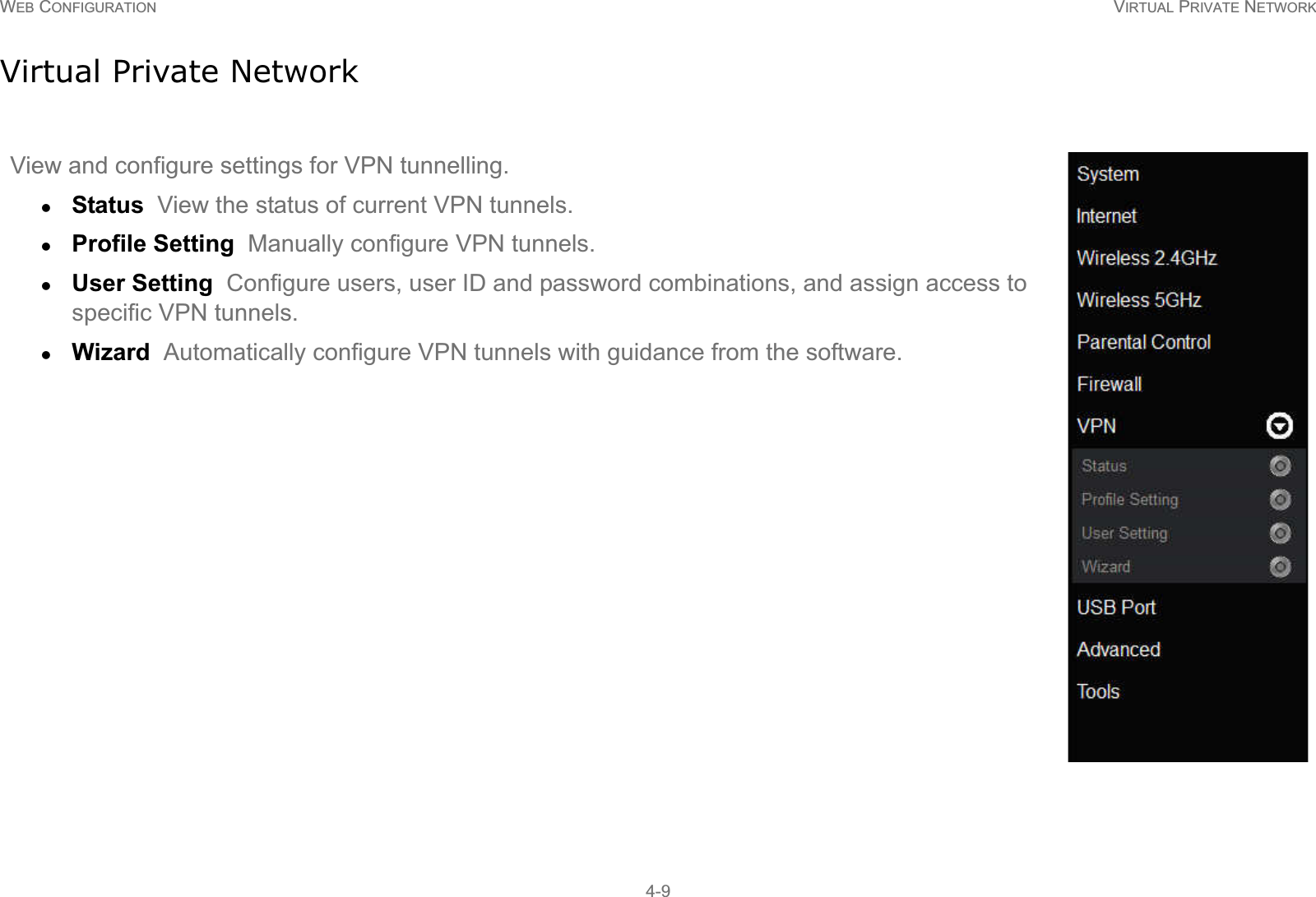 WEB CONFIGURATION VIRTUAL PRIVATE NETWORK4-9Virtual Private NetworkView and configure settings for VPN tunnelling.zStatus  View the status of current VPN tunnels.zProfile Setting  Manually configure VPN tunnels.zUser Setting  Configure users, user ID and password combinations, and assign access to specific VPN tunnels.zWizard  Automatically configure VPN tunnels with guidance from the software.