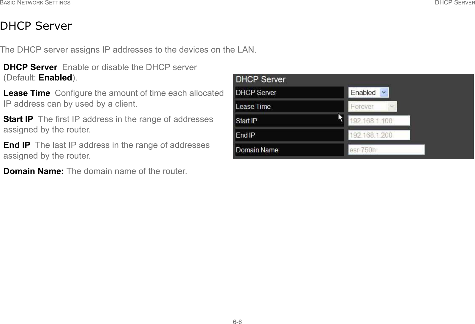 BASIC NETWORK SETTINGS DHCP SERVER6-6DHCP ServerThe DHCP server assigns IP addresses to the devices on the LAN.DHCP Server  Enable or disable the DHCP server (Default: Enabled).Lease Time  Configure the amount of time each allocated IP address can by used by a client.Start IP  The first IP address in the range of addresses assigned by the router.End IP  The last IP address in the range of addresses assigned by the router.Domain Name: The domain name of the router.