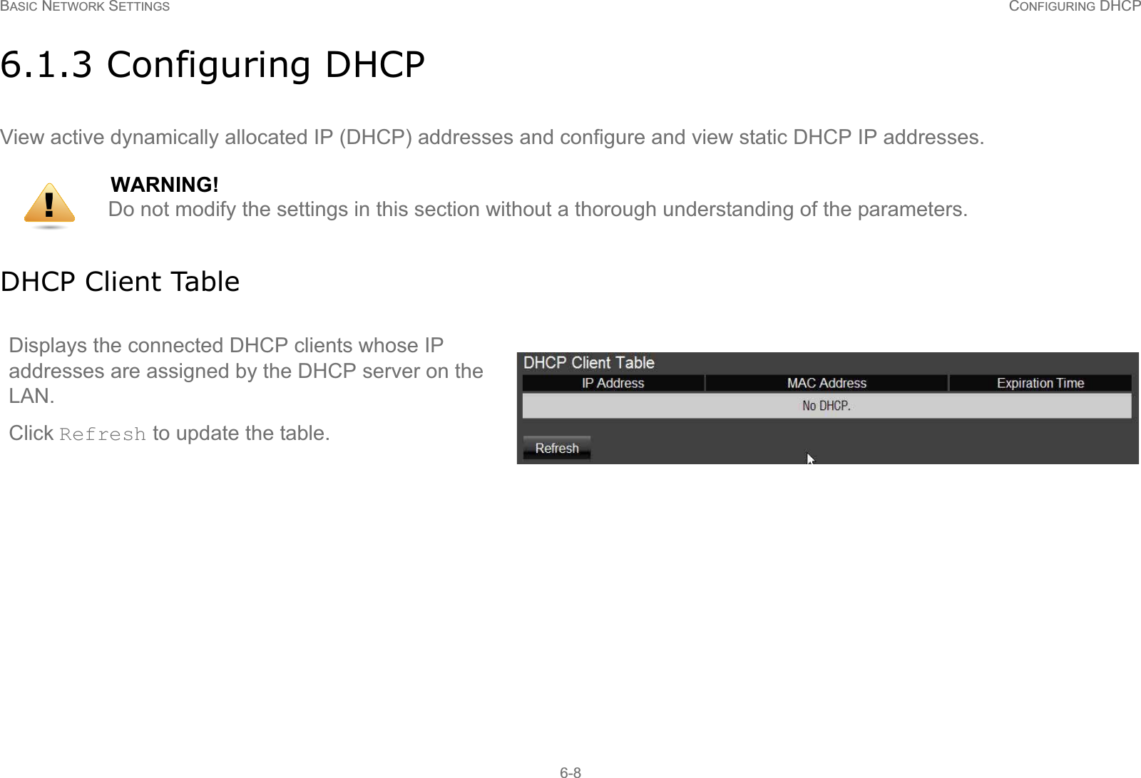 BASIC NETWORK SETTINGS CONFIGURING DHCP6-86.1.3 Configuring DHCPView active dynamically allocated IP (DHCP) addresses and configure and view static DHCP IP addresses.DHCP Client TableWARNING!Do not modify the settings in this section without a thorough understanding of the parameters.Displays the connected DHCP clients whose IP addresses are assigned by the DHCP server on the LAN. Click Refresh to update the table.!