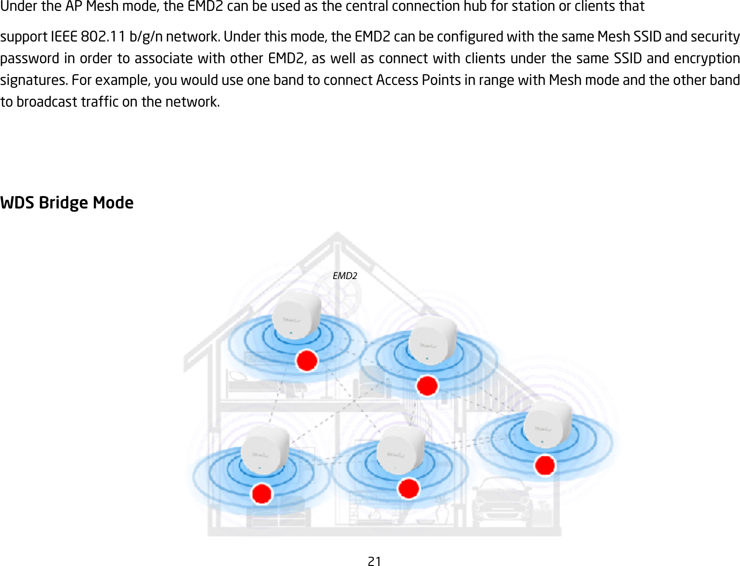 21Under the AP Mesh mode, the EMD2 can be used as the central connection hub for station or clients thatsupportIEEE802.11b/g/nnetwork.Underthismode,theEMD2canbeconguredwiththesameMeshSSIDandsecuritypassword in order to associate with other EMD2, as well as connect with clients under the same SSID and encryption signatures. For example, you would use one band to connect Access Points in range with Mesh mode and the other band tobroadcasttrafconthenetwork.WDS Bridge ModeEMD2
