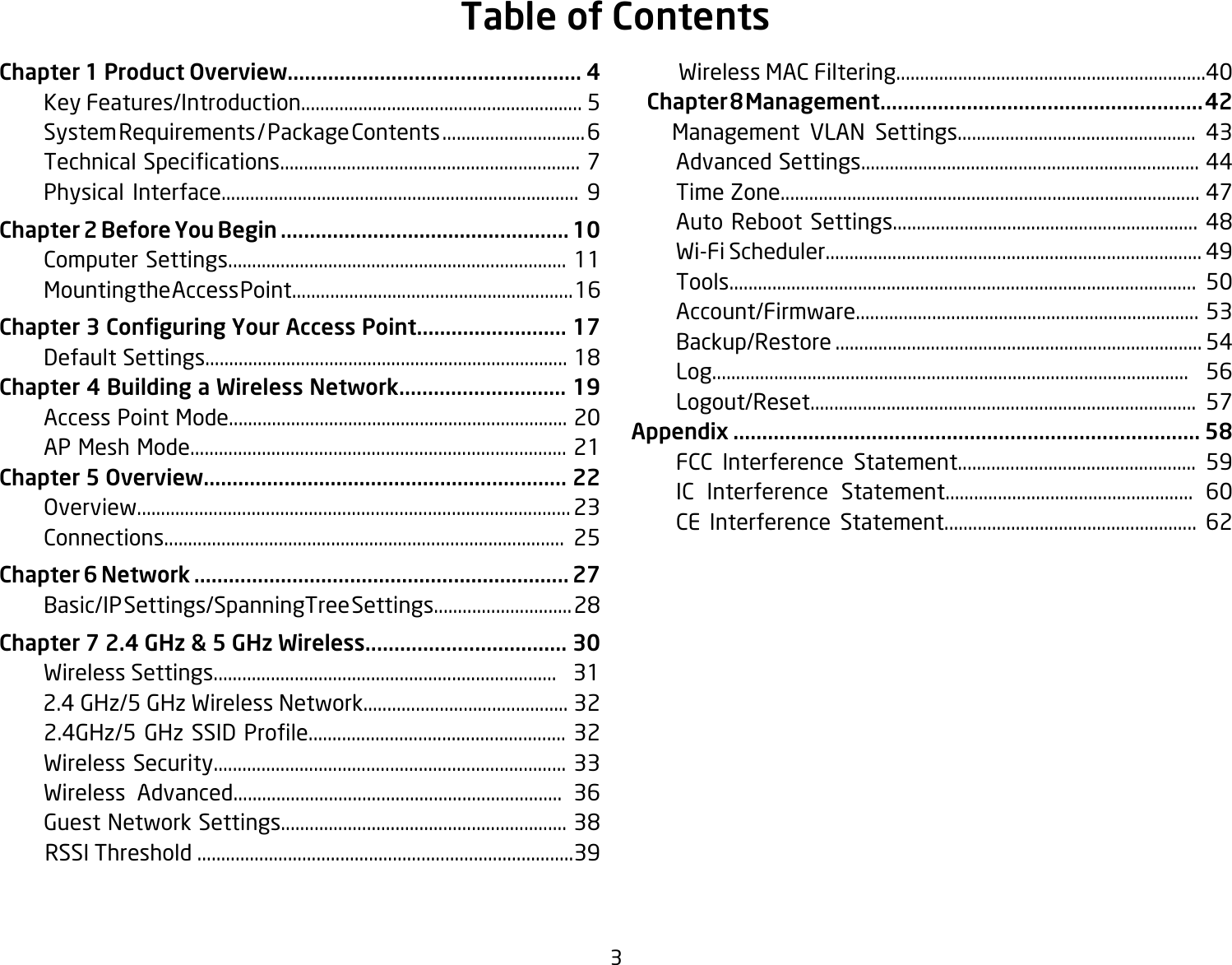 3Chapter 1 Product Overview................................................... 4  Key Features/Introduction........................................................... 5  System Requirements / Package Contents .............................. 6 TechnicalSpecications...............................................................7  Physical Interface........................................................................... 9Chapter 2 Before You Begin .................................................. 10  Computer Settings....................................................................... 11  Mounting the Access Point........................................................... 16Chapter 3 Conguring Your Access Point.......................... 17  Default Settings............................................................................ 18Chapter 4 Building a Wireless Network............................. 19  Access Point Mode....................................................................... 20  AP Mesh Mode............................................................................... 21Chapter 5 Overview............................................................... 22   Overview........................................................................................... 23  Connections.................................................................................... 25Chapter 6 Network ................................................................. 27      Basic/IP Settings/SpanningTree Settings............................. 28Chapter 7 2.4 GHz &amp; 5 GHz Wireless................................... 30  Wireless Settings........................................................................   31         2.4 GHz/5 GHz Wireless Network........................................... 32 2.4GHz/5GHzSSIDProle......................................................32      Wireless Security.......................................................................... 33  Wireless Advanced..................................................................... 36  Guest Network Settings............................................................ 38         RSSI Threshold ...............................................................................39         Wireless MAC Filtering.................................................................40          Chapter 8 Management........................................................ 42    Management VLAN Settings.................................................. 43  Advanced Settings....................................................................... 44 TimeZone........................................................................................47  Auto Reboot Settings................................................................ 48  Wi-Fi Scheduler............................................................................... 49  Tools.................................................................................................. 50  Account/Firmware........................................................................ 53  Backup/Restore ............................................................................. 54  Log.................................................................................................... 56 Logout/Reset................................................................................. 57Appendix ................................................................................. 58  FCC Interference Statement.................................................. 59  IC Interference Statement.................................................... 60  CE Interference Statement..................................................... 62         Table of Contents