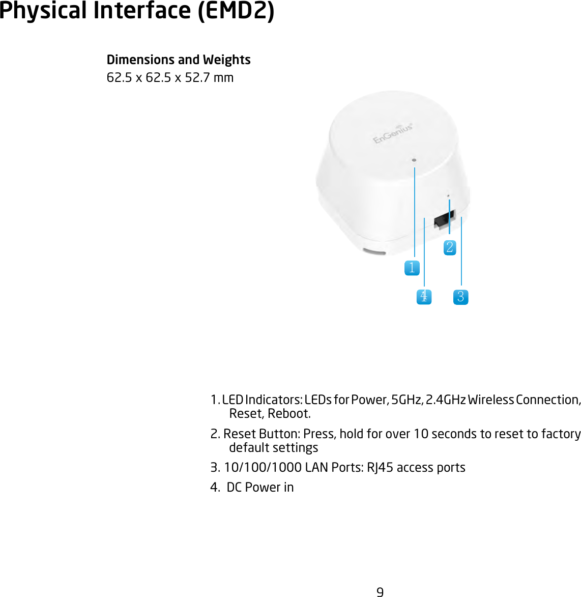 9Physical Interface (EMD2)Dimensions and Weights62.5x62.5x52.7mm 1.LEDIndicators:LEDsforPower,5GHz,2.4GHzWirelessConnection,Reset, Reboot.2.ResetButton:Press,holdforover10secondstoresettofactorydefault settings3.10/100/1000LANPorts:RJ45accessports4.  DC Power in1 2341 