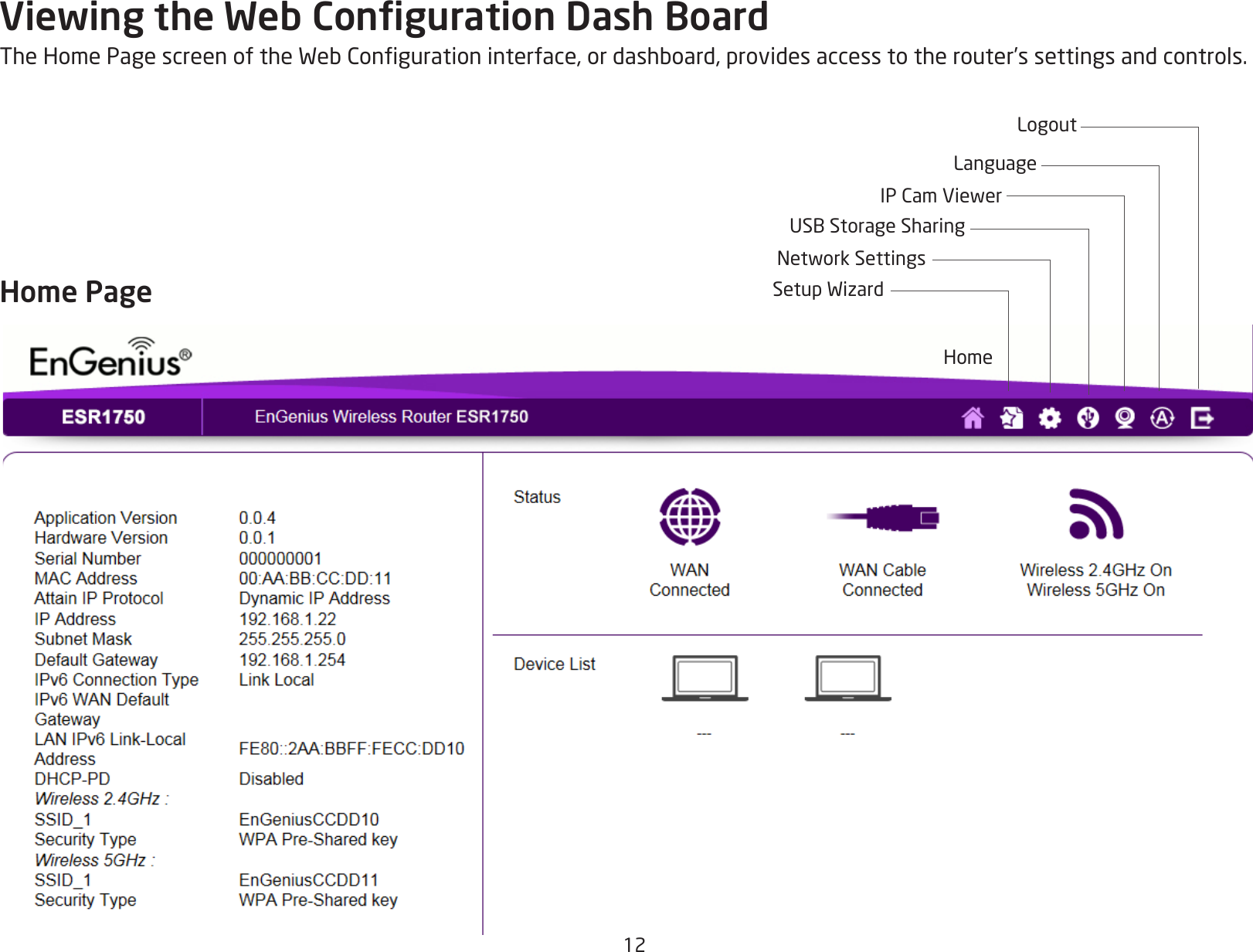 12Viewing the Web Conguration Dash BoardTheHomePagescreenoftheWebCongurationinterface,ordashboard,providesaccesstotherouter’ssettingsandcontrols.Home PageHomeSetupWizardNetworkSettingsUSBStorageSharingIPCamViewerLanguageLogout