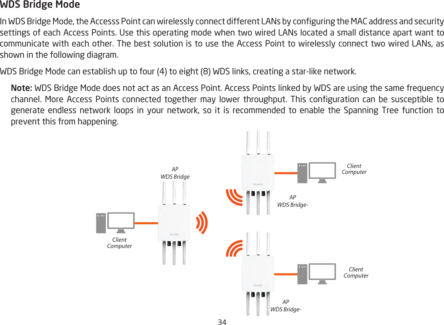 34WDS Bridge ModeIn WDS Bridge Mode, the Accesss Point can wirelessly connect different LANs by conguring the MAC address and security settings of each Access Points. Use this operating mode when two wired LANs located a small distance apart want to communicate with each other. The best solution is to use the Access Point to wirelessly connect two wired LANs, as shown in the following diagram.  WDS Bridge Mode can establish up to four (4) to eight (8) WDS links, creating a star-like network.Note: WDS Bridge Mode does not act as an Access Point. Access Points linked by WDS are using the same frequency channel.  More  Access  Points  connected together  may lower  throughput.  This  conguration  can  be  susceptible  to generate endless network loops in your network, so it is recommended to enable the Spanning Tree function to prevent this from happening.APWDS BridgeAPWDS Bridge-APWDS Bridge-ClientComputerClientComputerClientComputer