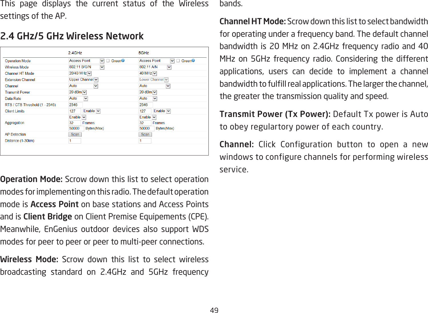 49This page displays the current status of the Wireless settings of the AP.2.4 GHz/5 GHz Wireless NetworkOperation Mode: Scrow down this list to select operation modes for implementing on this radio. The default operation mode is Access Point on base stations and Access Points and is Client Bridge on Client Premise Equipements (CPE).  Meanwhile, EnGenius outdoor devices also support WDS modes for peer to peer or peer to multi-peer connections.Wireless Mode: Scrow down this list to select wireless broadcasting standard on 2.4GHz and 5GHz frequency bands.Channel HT Mode: Scrow down this list to select bandwidth for operating under a frequency band. The default channel bandwidth is 20 MHz on 2.4GHz frequency radio and 40 MHz on 5GHz frequency radio. Considering the different applications, users can decide to implement a channel bandwidth to fulll real applications. The larger the channel, the greater the transmission quality and speed.Transmit Power (Tx Power): Default Tx power is Auto to obey regulartory power of each country.Channel: Click Configuration button to open a new windows to configure channels for performing wireless service.