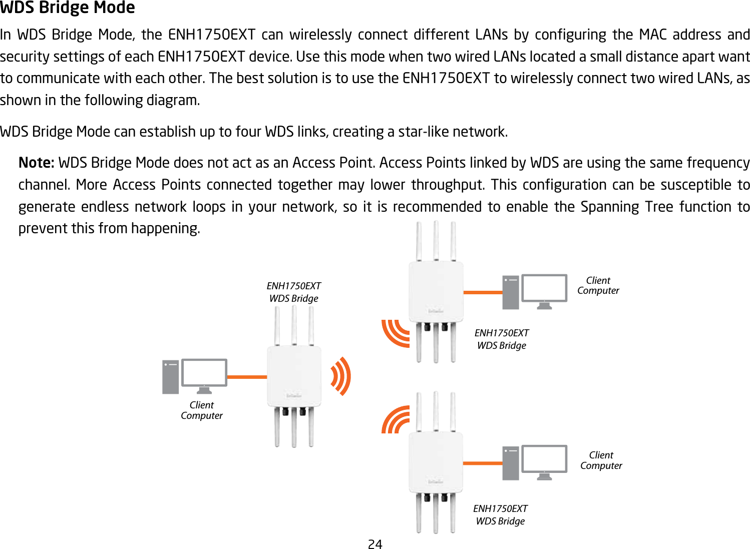 24WDS Bridge ModeIn WDS Bridge Mode, the ENH1750EXT can wirelessly connect different LANs by conguring the MAC address andsecuritysettingsofeachENH1750EXTdevice.UsethismodewhentwowiredLANslocatedasmalldistanceapartwantto communicate with each other. The best solution is to use the ENH1750EXT to wirelessly connect two wired LANs, as shown in the following diagram. WDS Bridge Mode can establish up to four WDS links, creating a star-like network. Note: WDS Bridge Mode does not act as an Access Point. Access Points linked by WDS are using the same frequency channel. More Access Points connected together may lower throughput. This conguration can be susceptible togenerate endless network loops in your network, so it is recommended to enable the Spanning Tree function to prevent this from happening.ENH1750EXTWDS BridgeENH1750EXTWDS BridgeENH1750EXTWDS BridgeClientComputerClientComputerClientComputer