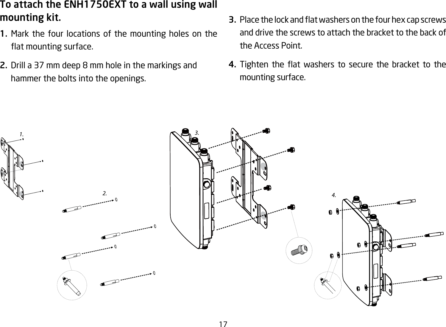 17To attach the ENH1750EXT to a wall using wall mounting kit.1.  Mark the four locations of the mounting holes on the atmountingsurface.2. Drilla37mmdeep8mmholeinthemarkingsandhammer the bolts into the openings.3. Placethelockandatwashersonthefourhexcapscrewsand drive the screws to attach the bracket to the back of the Access Point.4. Tighten the at washers to secure the bracket to themounting surface.2.3.4.1.