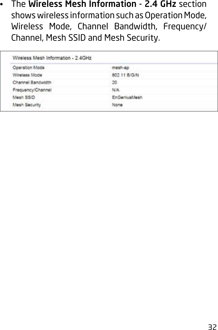 32•  The Wireless Mesh Information - 2.4 GHz section shows wireless information such as Operation Mode, Wireless Mode, Channel Bandwidth, Frequency/Channel, Mesh SSID and Mesh Security. 