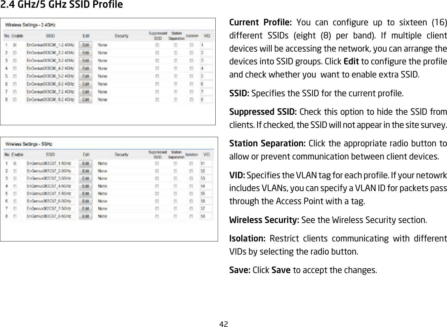 422.4 GHz/5 GHz SSID ProleCurrent  Prole: You can congure up to sixteen (16)different SSIDs (eight (8) per band). If multiple clientdevices will be accessing the network, you can arrange the devices into SSID groups. Click Edittoconguretheproleand check whether you  want to enable extra SSID.SSID:SpeciestheSSIDforthecurrentprole.Suppressed SSID: Check this option to hide the SSID from clients. If checked, the SSID will not appear in the site survey.Station Separation: Click the appropriate radio button to allow or prevent communication between client devices.VID:SpeciestheVLANtagforeachprole.Ifyournetowrkincludes VLANs, you can specify a VLAN ID for packets pass through the Access Point with a tag.Wireless Security: See the Wireless Security section.Isolation:  Restrict clients communicating with different VIDs by selecting the radio button.Save: Click Save to accept the changes.