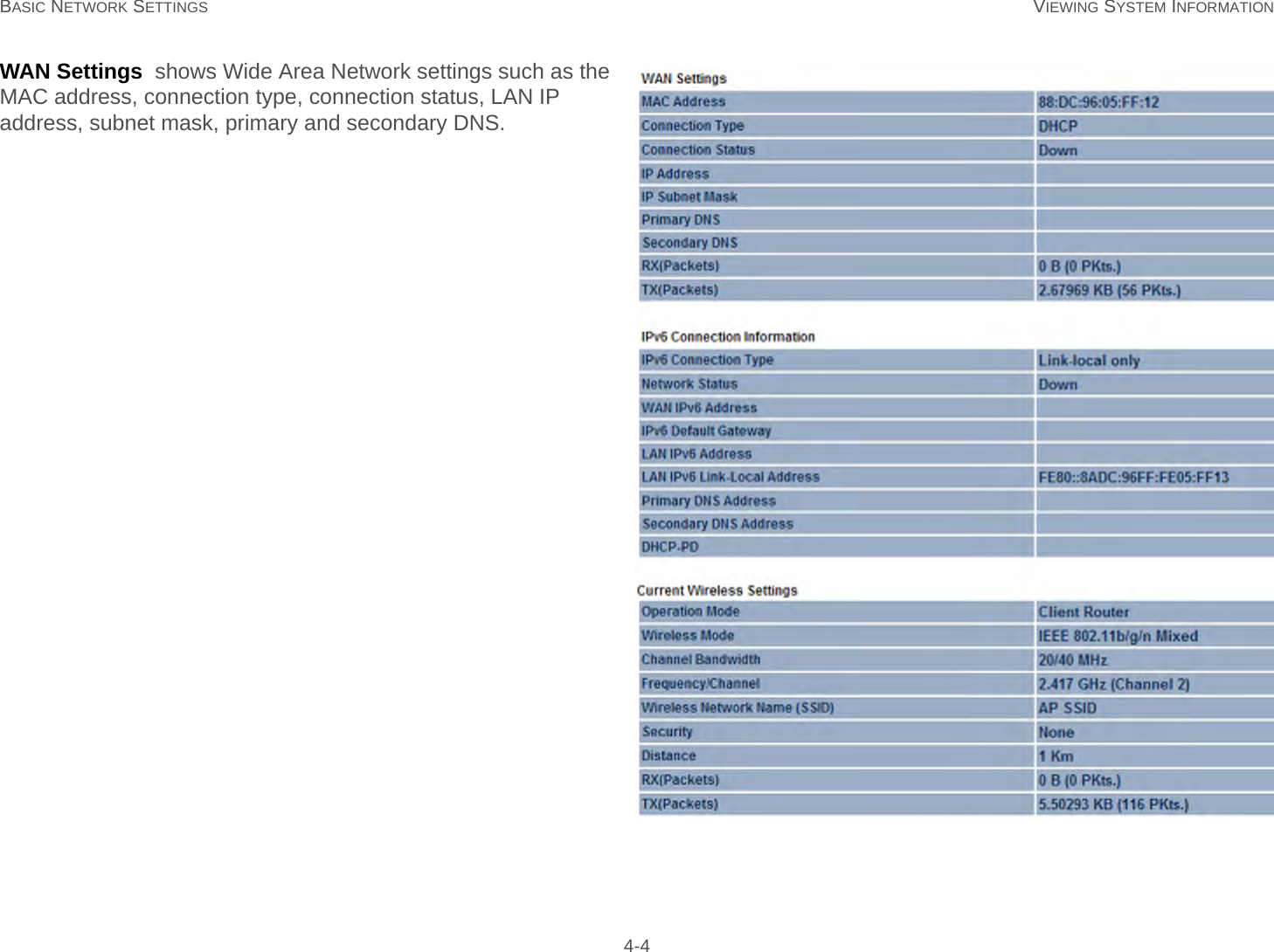 BASIC NETWORK SETTINGS VIEWING SYSTEM INFORMATION 4-4WAN Settings  shows Wide Area Network settings such as the MAC address, connection type, connection status, LAN IP address, subnet mask, primary and secondary DNS.