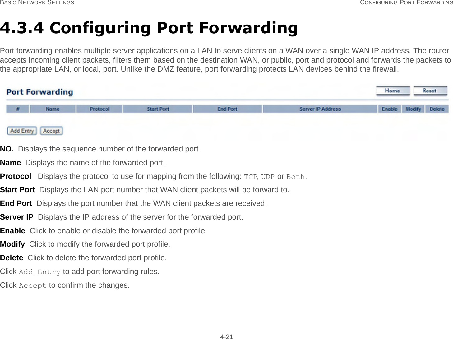 BASIC NETWORK SETTINGS CONFIGURING PORT FORWARDING 4-214.3.4 Configuring Port ForwardingPort forwarding enables multiple server applications on a LAN to serve clients on a WAN over a single WAN IP address. The router accepts incoming client packets, filters them based on the destination WAN, or public, port and protocol and forwards the packets to the appropriate LAN, or local, port. Unlike the DMZ feature, port forwarding protects LAN devices behind the firewall.NO.  Displays the sequence number of the forwarded port.Name  Displays the name of the forwarded port.Protocol   Displays the protocol to use for mapping from the following: TCP, UDP or Both.Start Port  Displays the LAN port number that WAN client packets will be forward to.End Port  Displays the port number that the WAN client packets are received.Server IP  Displays the IP address of the server for the forwarded port.Enable  Click to enable or disable the forwarded port profile.Modify  Click to modify the forwarded port profile.Delete  Click to delete the forwarded port profile.Click Add Entry to add port forwarding rules.Click Accept to confirm the changes.