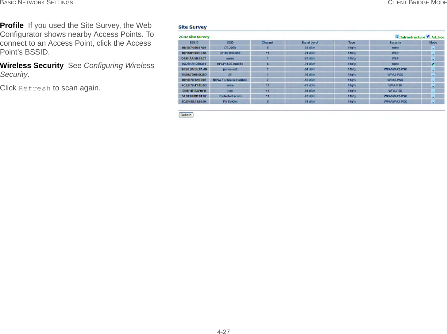 BASIC NETWORK SETTINGS CLIENT BRIDGE MODE 4-27Profile  If you used the Site Survey, the Web Configurator shows nearby Access Points. To connect to an Access Point, click the Access Point’s BSSID.Wireless Security  See Configuring Wireless Security.Click Refresh to scan again.