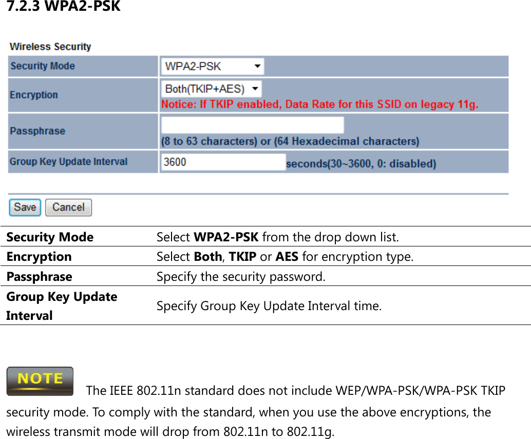 7.2.3 WPA2-PSK  Security Mode Select WPA2-PSK from the drop down list. Encryption Select Both, TKIP or AES for encryption type. Passphrase  Specify the security password. Group Key Update Interval Specify Group Key Update Interval time.     The IEEE 802.11n standard does not include WEP/WPA-PSK/WPA-PSK TKIP security mode. To comply with the standard, when you use the above encryptions, the wireless transmit mode will drop from 802.11n to 802.11g.  