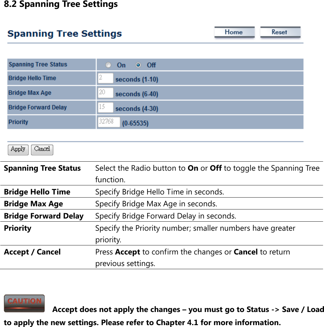 8.2 Spanning Tree Settings  Spanning Tree Status Select the Radio button to On or Off to toggle the Spanning Tree function. Bridge Hello Time Specify Bridge Hello Time in seconds. Bridge Max Age Specify Bridge Max Age in seconds. Bridge Forward Delay Specify Bridge Forward Delay in seconds. Priority Specify the Priority number; smaller numbers have greater priority. Accept / Cancel Press Accept to confirm the changes or Cancel to return previous settings.     Accept does not apply the changes – you must go to Status -&gt; Save / Load to apply the new settings. Please refer to Chapter 4.1 for more information.         