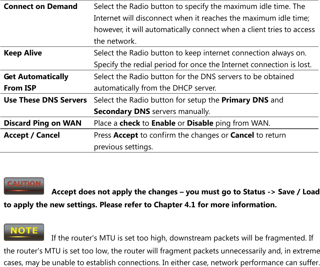 Connect on Demand Select the Radio button to specify the maximum idle time. The Internet will disconnect when it reaches the maximum idle time; however, it will automatically connect when a client tries to access the network. Keep Alive Select the Radio button to keep internet connection always on. Specify the redial period for once the Internet connection is lost. Get Automatically From ISP Select the Radio button for the DNS servers to be obtained automatically from the DHCP server. Use These DNS Servers Select the Radio button for setup the Primary DNS and Secondary DNS servers manually. Discard Ping on WAN Place a check to Enable or Disable ping from WAN. Accept / Cancel Press Accept to confirm the changes or Cancel to return previous settings.     Accept does not apply the changes – you must go to Status -&gt; Save / Load to apply the new settings. Please refer to Chapter 4.1 for more information.    If the router&apos;s MTU is set too high, downstream packets will be fragmented. If the router&apos;s MTU is set too low, the router will fragment packets unnecessarily and, in extreme cases, may be unable to establish connections. In either case, network performance can suffer.           