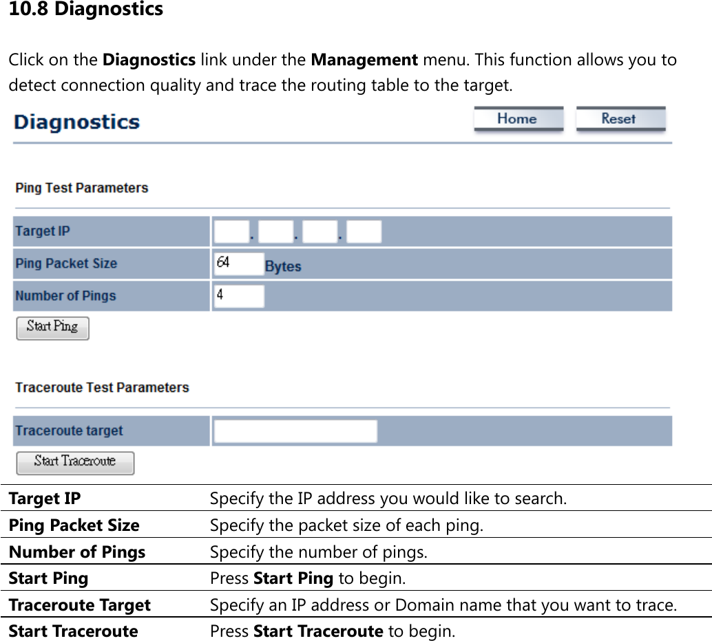 10.8 Diagnostics Click on the Diagnostics link under the Management menu. This function allows you to detect connection quality and trace the routing table to the target.  Target IP Specify the IP address you would like to search. Ping Packet Size Specify the packet size of each ping. Number of Pings Specify the number of pings. Start Ping Press Start Ping to begin. Traceroute Target Specify an IP address or Domain name that you want to trace. Start Traceroute Press Start Traceroute to begin.   