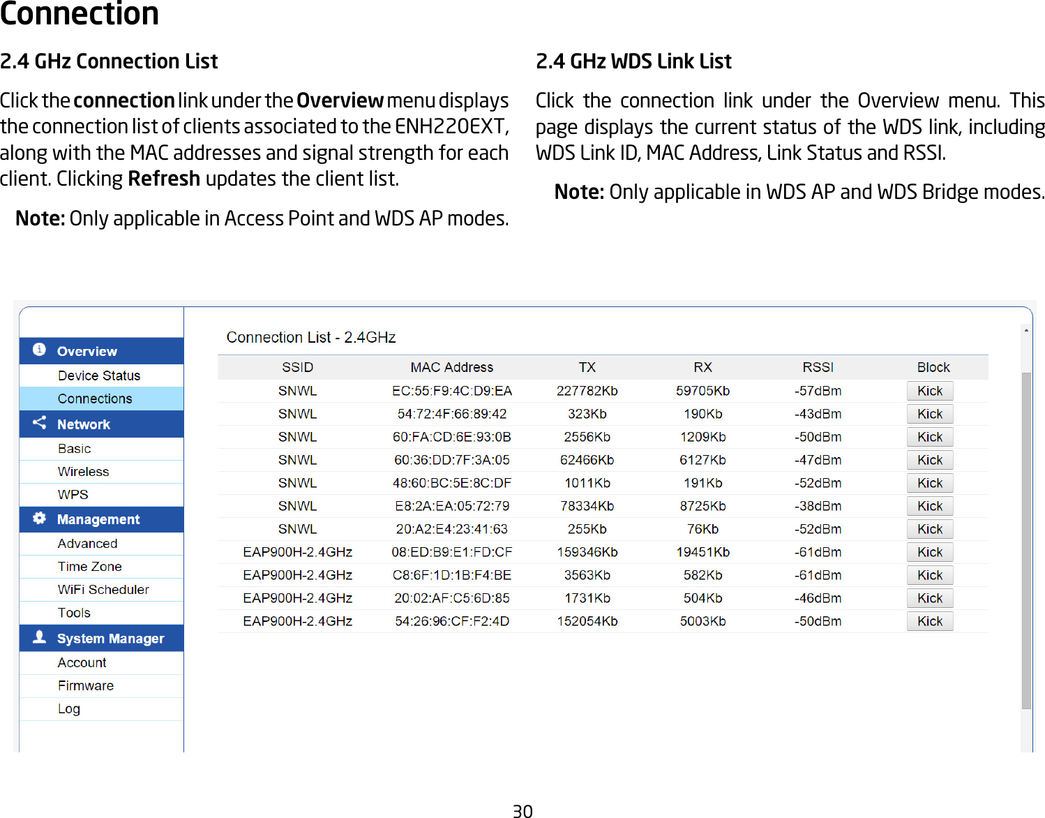 302.4 GHz Connection ListClick the connection link under the Overview menu displays the connection list of clients associated to the ENH220EXT, along with the MAC addresses and signal strength for each client. Clicking Refresh updates the client list.    Note: Only applicable in Access Point and WDS AP modes.2.4 GHz WDS Link ListClick the connection link under the Overview menu. This page displays the current status of the WDS link, including WDS Link ID, MAC Address, Link Status and RSSI.    Note: Only applicable in WDS AP and WDS Bridge modes.Connection  