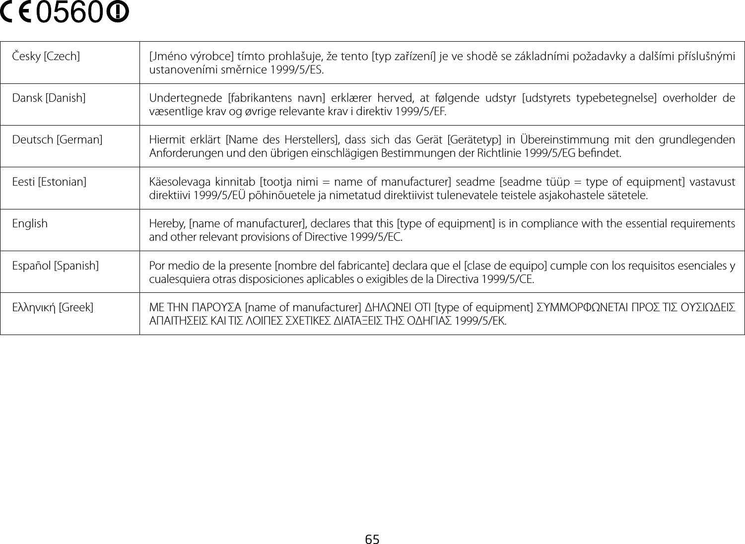 65 Česky [Czech]  [Jméno výrobce] tímto prohlašuje, že tento [typ zařízení] je ve shodě se základními požadavky a dalšími příslušnými ustanoveními směrnice 1999/5/ES. Dansk [Danish] Undertegnede [fabrikantens navn] erklærer herved, at følgende udstyr [udstyrets typebetegnelse] overholder de væsentlige krav og øvrige relevante krav i direktiv 1999/5/EF. Deutsch [German] Hiermit erklärt [Name des Herstellers], dass sich das Gerät [Gerätetyp] in Übereinstimmung mit den grundlegenden Anforderungen und den übrigen einschlägigen Bestimmungen der Richtlinie 1999/5/EG bendet. Eesti [Estonian] Käesolevaga kinnitab [tootja nimi = name of manufacturer] seadme [seadme tüüp = type of equipment] vastavust direktiivi 1999/5/EÜ põhinõuetele ja nimetatud direktiivist tulenevatele teistele asjakohastele sätetele. English Hereby, [name of manufacturer], declares that this [type of equipment] is in compliance with the essential requirements and other relevant provisions of Directive 1999/5/EC. Español [Spanish] Por medio de la presente [nombre del fabricante] declara que el [clase de equipo] cumple con los requisitos esenciales y cualesquiera otras disposiciones aplicables o exigibles de la Directiva 1999/5/CE. Ελληνική [Greek] ΜΕ ΤΗΝ ΠΑΡΟΥΣΑ [name of manufacturer] ΔΗΛΩΝΕΙ ΟΤΙ [type of equipment] ΣΥΜΜΟΡΦΩΝΕΤΑΙ ΠΡΟΣ ΤΙΣ ΟΥΣΙΩΔΕΙΣ ΑΠΑΙΤΗΣΕΙΣ ΚΑΙ ΤΙΣ ΛΟΙΠΕΣ ΣΧΕΤΙΚΕΣ ΔΙΑΤΑΞΕΙΣ ΤΗΣ ΟΔΗΓΙΑΣ 1999/5/ΕΚ.