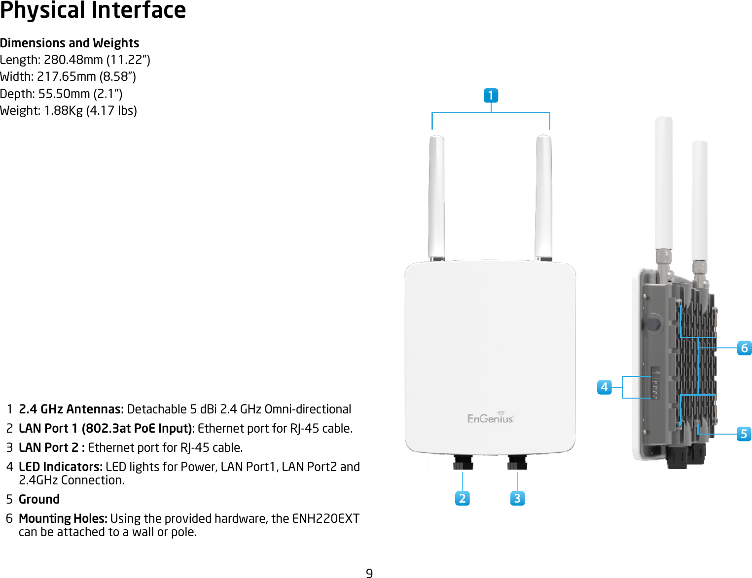 9Physical InterfaceDimensions and WeightsLength:280.48mm(11.22”)Width:217.65mm(8.58”)Depth:55.50mm(2.1”)Weight:1.88Kg(4.17lbs)  1  2.4 GHz Antennas: Detachable 5 dBi 2.4 GHz Omni-directional  2  LAN Port 1 (802.3at PoE Input): Ethernet port for RJ-45 cable.  3  LAN Port 2 : Ethernet port for RJ-45 cable.  4  LED Indicators: LED lights for Power, LAN Port1, LAN Port2 and 2.4GHz Connection.  5  Ground  6  Mounting Holes: Using the provided hardware, the ENH220EXT can be attached to a wall or pole.2 35641 