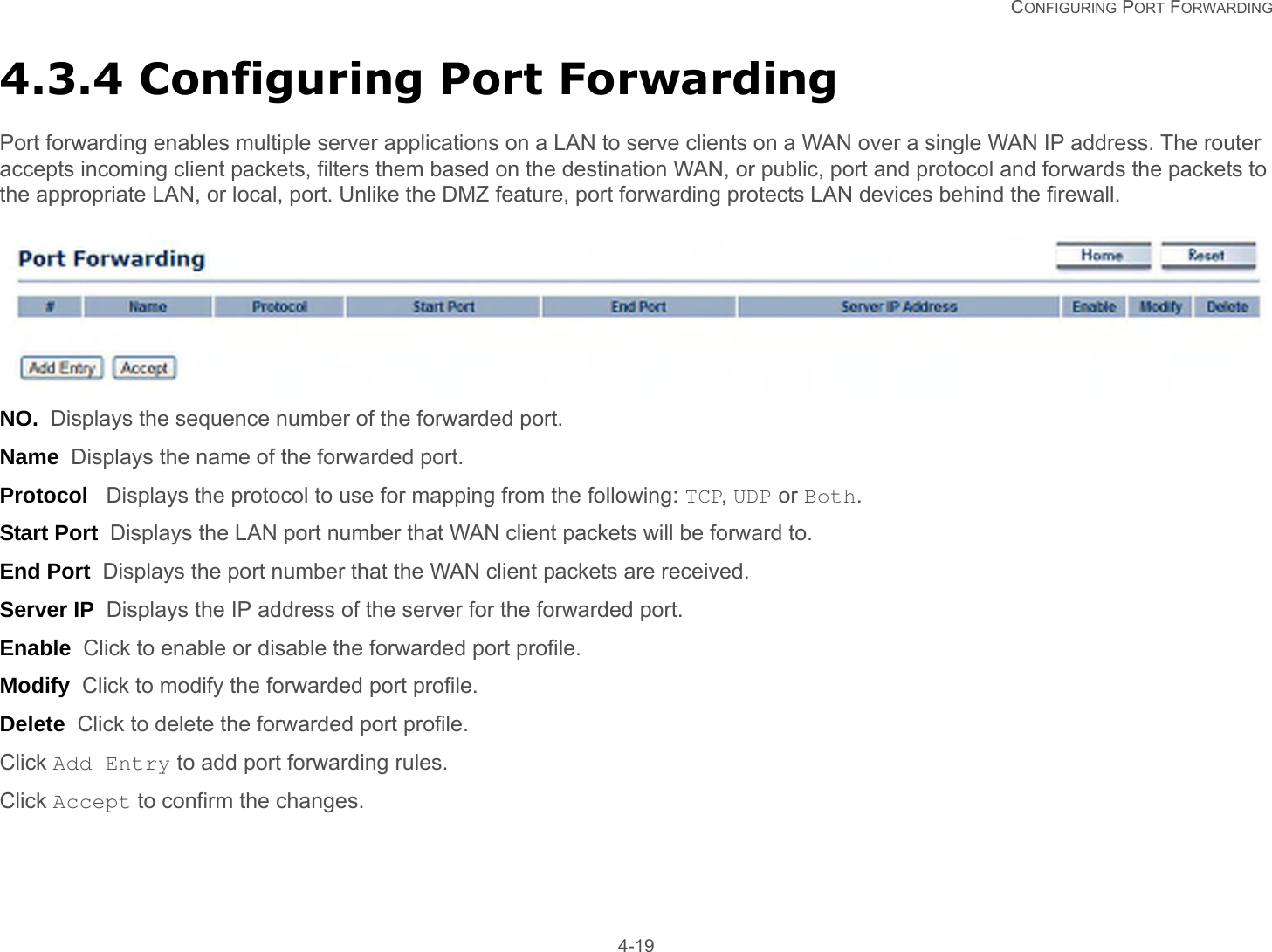   CONFIGURING PORT FORWARDING 4-194.3.4 Configuring Port ForwardingPort forwarding enables multiple server applications on a LAN to serve clients on a WAN over a single WAN IP address. The router accepts incoming client packets, filters them based on the destination WAN, or public, port and protocol and forwards the packets to the appropriate LAN, or local, port. Unlike the DMZ feature, port forwarding protects LAN devices behind the firewall.NO.  Displays the sequence number of the forwarded port.Name  Displays the name of the forwarded port.Protocol   Displays the protocol to use for mapping from the following: TCP, UDP or Both.Start Port  Displays the LAN port number that WAN client packets will be forward to.End Port  Displays the port number that the WAN client packets are received.Server IP  Displays the IP address of the server for the forwarded port.Enable  Click to enable or disable the forwarded port profile.Modify  Click to modify the forwarded port profile.Delete  Click to delete the forwarded port profile.Click Add Entry to add port forwarding rules.Click Accept to confirm the changes.