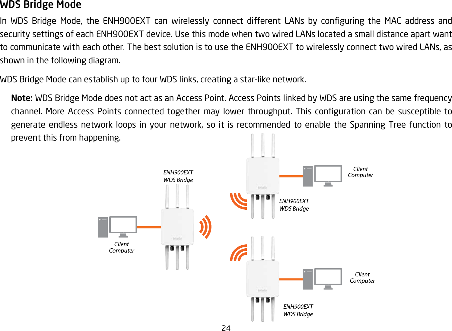 24WDS Bridge ModeIn WDS Bridge Mode, the ENH900EXT can wirelessly connect different LANs by conguring the MAC address andsecuritysettingsofeachENH900EXTdevice.UsethismodewhentwowiredLANslocatedasmalldistanceapartwantto communicate with each other. The best solution is to use the ENH900EXT to wirelessly connect two wired LANs, as shown in the following diagram. WDS Bridge Mode can establish up to four WDS links, creating a star-like network. Note: WDS Bridge Mode does not act as an Access Point. Access Points linked by WDS are using the same frequency channel. More Access Points connected together may lower throughput. This conguration can be susceptible togenerate endless network loops in your network, so it is recommended to enable the Spanning Tree function to prevent this from happening.ENH900EXTWDS BridgeENH900EXTWDS BridgeENH900EXTWDS BridgeClientComputerClientComputerClientComputer