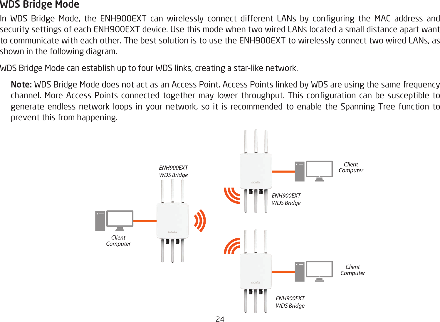 24WDS Bridge ModeIn WDS Bridge Mode, the ENH900EXT can wirelessly connect different LANs by conguring the MAC address andsecuritysettingsofeachENH900EXTdevice.UsethismodewhentwowiredLANslocatedasmalldistanceapartwantto communicate with each other. The best solution is to use the ENH900EXT to wirelessly connect two wired LANs, as shown in the following diagram. WDS Bridge Mode can establish up to four WDS links, creating a star-like network. Note: WDS Bridge Mode does not act as an Access Point. Access Points linked by WDS are using the same frequency channel. More Access Points connected together may lower throughput. This conguration can be susceptible togenerate endless network loops in your network, so it is recommended to enable the Spanning Tree function to prevent this from happening.ENH900EXTWDS BridgeENH900EXTWDS BridgeENH900EXTWDS BridgeClientComputerClientComputerClientComputer