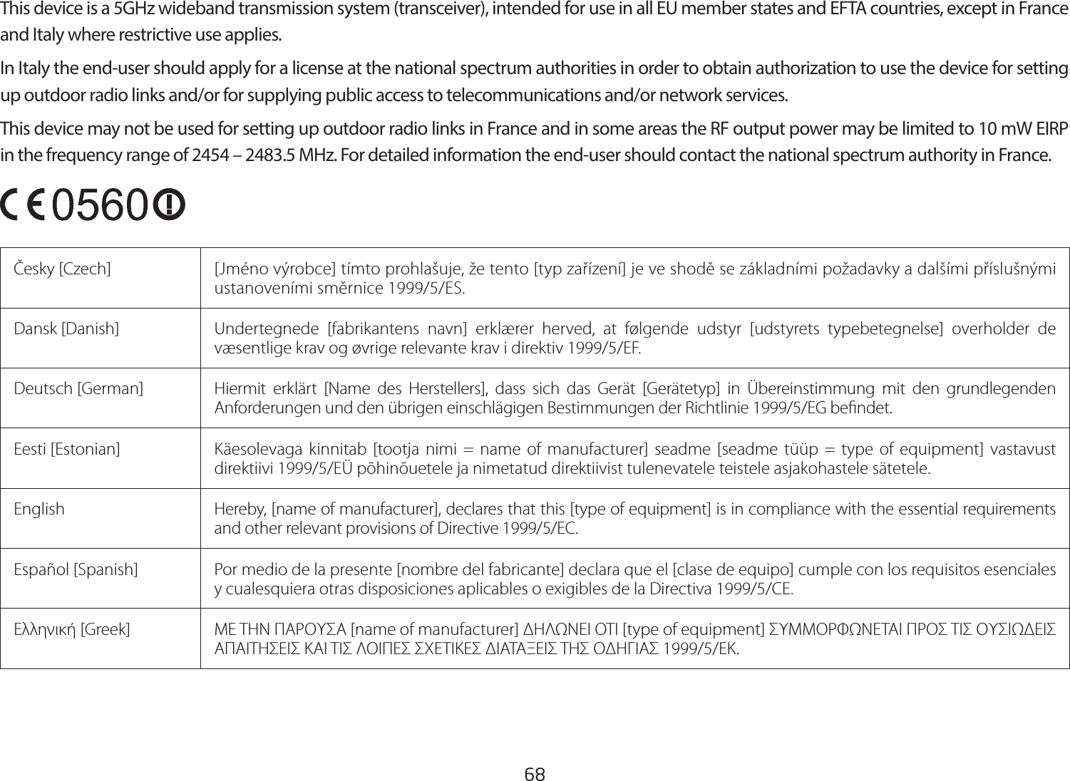 68This device is a 5GHz wideband transmission system (transceiver), intended for use in all EU member states and EFTA countries, except in France and Italy where restrictive use applies.In Italy the end-user should apply for a license at the national spectrum authorities in order to obtain authorization to use the device for setting up outdoor radio links and/or for supplying public access to telecommunications and/or network services.This device may not be used for setting up outdoor radio links in France and in some areas the RF output power may be limited to 10 mW EIRP in the frequency range of 2454 – 2483.5 MHz. For detailed information the end-user should contact the national spectrum authority in France.Česky [Czech]  [Jméno výrobce] tímto prohlašuje, že tento [typ zařízení] je ve shodě se základními požadavky a dalšími příslušnými ustanoveními směrnice 1999/5/ES.Dansk [Danish]  Undertegnede [fabrikantens navn] erklærer herved, at følgende udstyr [udstyrets typebetegnelse] overholder de væsentlige krav og øvrige relevante krav i direktiv 1999/5/EF.Deutsch [German]  Hiermit erklärt [Name des Herstellers], dass sich das Gerät [Gerätetyp] in Übereinstimmung mit den grundlegenden Anforderungen und den übrigen einschlägigen Bestimmungen der Richtlinie 1999/5/EG bendet.Eesti [Estonian] Käesolevaga kinnitab [tootja nimi = name of manufacturer] seadme [seadme tüüp = type of equipment] vastavust direktiivi 1999/5/EÜ põhinõuetele ja nimetatud direktiivist tulenevatele teistele asjakohastele sätetele.English Hereby, [name of manufacturer], declares that this [type of equipment] is in compliance with the essential requirements and other relevant provisions of Directive 1999/5/EC.Español [Spanish]  Por medio de la presente [nombre del fabricante] declara que el [clase de equipo] cumple con los requisitos esenciales y cualesquiera otras disposiciones aplicables o exigibles de la Directiva 1999/5/CE.Ελληνική [Greek]  ΜΕ ΤΗΝ ΠΑΡΟΥΣΑ [name of manufacturer] ΔΗΛΩΝΕΙ ΟΤΙ [type of equipment] ΣΥΜΜΟΡΦΩΝΕΤΑΙ ΠΡΟΣ ΤΙΣ ΟΥΣΙΩΔΕΙΣ ΑΠΑΙΤΗΣΕΙΣ ΚΑΙ ΤΙΣ ΛΟΙΠΕΣ ΣΧΕΤΙΚΕΣ ΔΙΑΤΑΞΕΙΣ ΤΗΣ ΟΔΗΓΙΑΣ 1999/5/ΕΚ.