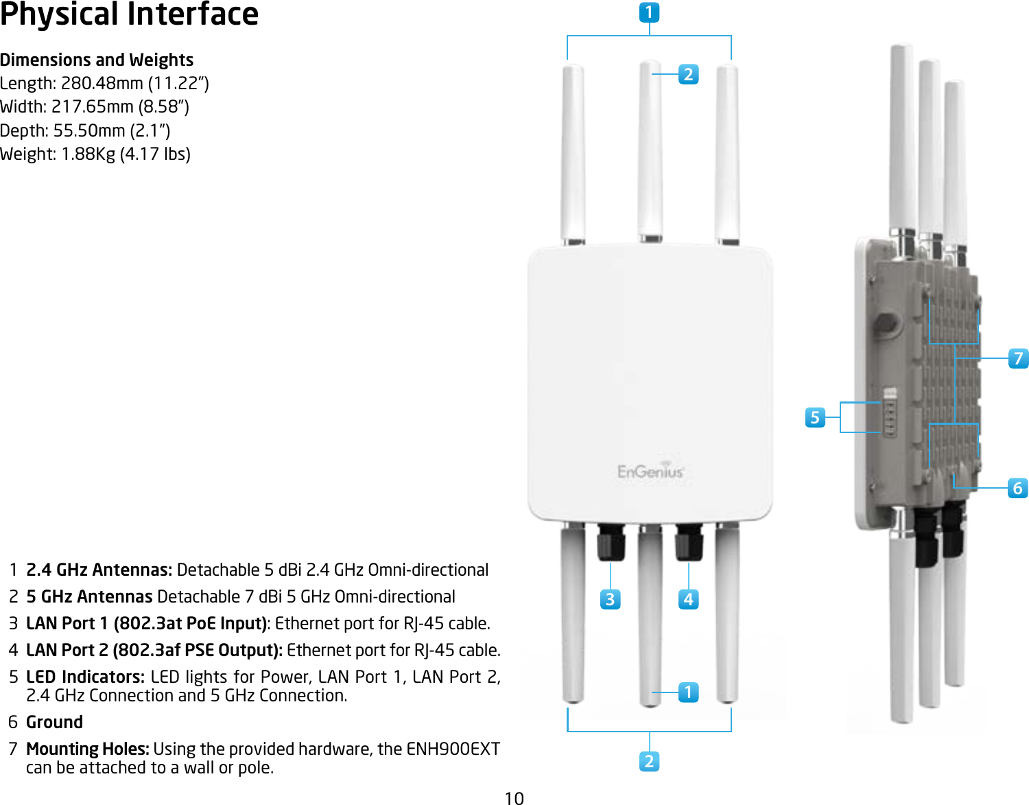 10Physical InterfaceDimensions and WeightsLength:280.48mm(11.22”)Width:217.65mm(8.58”)Depth:55.50mm(2.1”)Weight:1.88Kg(4.17lbs)  1  2.4 GHz Antennas: Detachable 5 dBi 2.4 GHz Omni-directional  2  5 GHz Antennas Detachable 7 dBi 5 GHz Omni-directional  3  LAN Port 1 (802.3at PoE Input): Ethernet port for RJ-45 cable.  4  LAN Port 2 (802.3af PSE Output): Ethernet port for RJ-45 cable.  5  LED Indicators: LED lights for Power, LAN Port 1, LAN Port 2, 2.4 GHz Connection and 5 GHz Connection.  6  Ground  7  Mounting Holes: Using the provided hardware, the ENH900EXT can be attached to a wall or pole.1 671223 45
