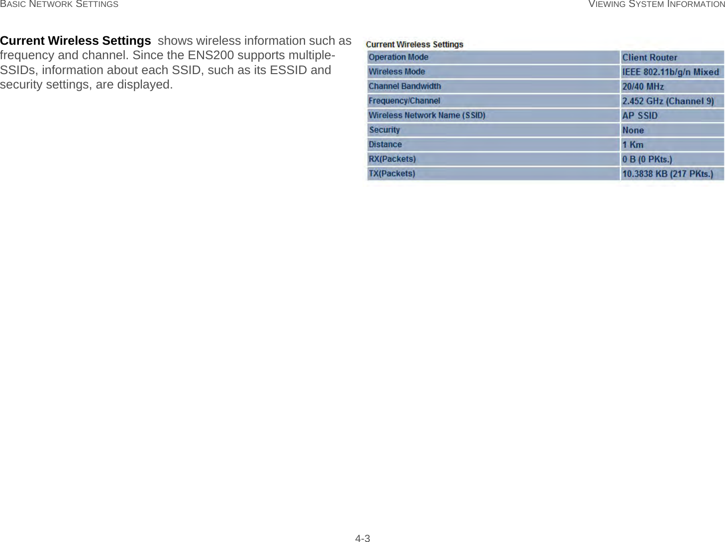 BASIC NETWORK SETTINGS VIEWING SYSTEM INFORMATION 4-3Current Wireless Settings  shows wireless information such as frequency and channel. Since the ENS200 supports multiple-SSIDs, information about each SSID, such as its ESSID and security settings, are displayed.