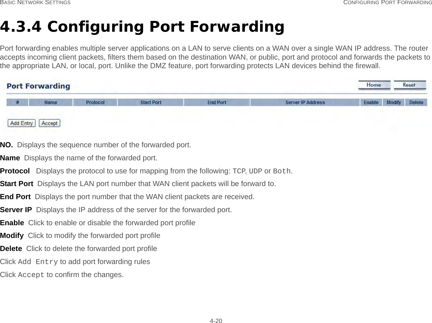 BASIC NETWORK SETTINGS CONFIGURING PORT FORWARDING 4-204.3.4 Configuring Port ForwardingPort forwarding enables multiple server applications on a LAN to serve clients on a WAN over a single WAN IP address. The router accepts incoming client packets, filters them based on the destination WAN, or public, port and protocol and forwards the packets to the appropriate LAN, or local, port. Unlike the DMZ feature, port forwarding protects LAN devices behind the firewall.NO.  Displays the sequence number of the forwarded port.Name  Displays the name of the forwarded port.Protocol   Displays the protocol to use for mapping from the following: TCP, UDP or Both.Start Port  Displays the LAN port number that WAN client packets will be forward to.End Port  Displays the port number that the WAN client packets are received. Server IP  Displays the IP address of the server for the forwarded port.Enable  Click to enable or disable the forwarded port profileModify  Click to modify the forwarded port profileDelete  Click to delete the forwarded port profileClick Add Entry to add port forwarding rulesClick Accept to confirm the changes.