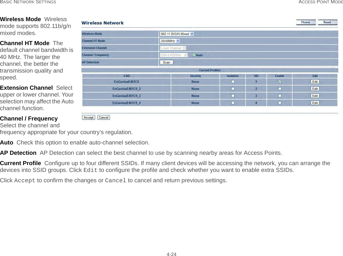 BASIC NETWORK SETTINGS ACCESS POINT MODE 4-24Wireless Mode  Wireless mode supports 802.11b/g/n mixed modes.Channel HT Mode  The default channel bandwidth is 40 MHz. The larger the channel, the better the transmission quality and speed.Extension Channel  Select upper or lower channel. Your selection may affect the Auto channel function.Channel / Frequency  Select the channel and frequency appropriate for your country’s regulation.Auto  Check this option to enable auto-channel selection.AP Detection  AP Detection can select the best channel to use by scanning nearby areas for Access Points.Current Profile  Configure up to four different SSIDs. If many client devices will be accessing the network, you can arrange the devices into SSID groups. Click Edit to configure the profile and check whether you want to enable extra SSIDs.Click Accept to confirm the changes or Cancel to cancel and return previous settings.