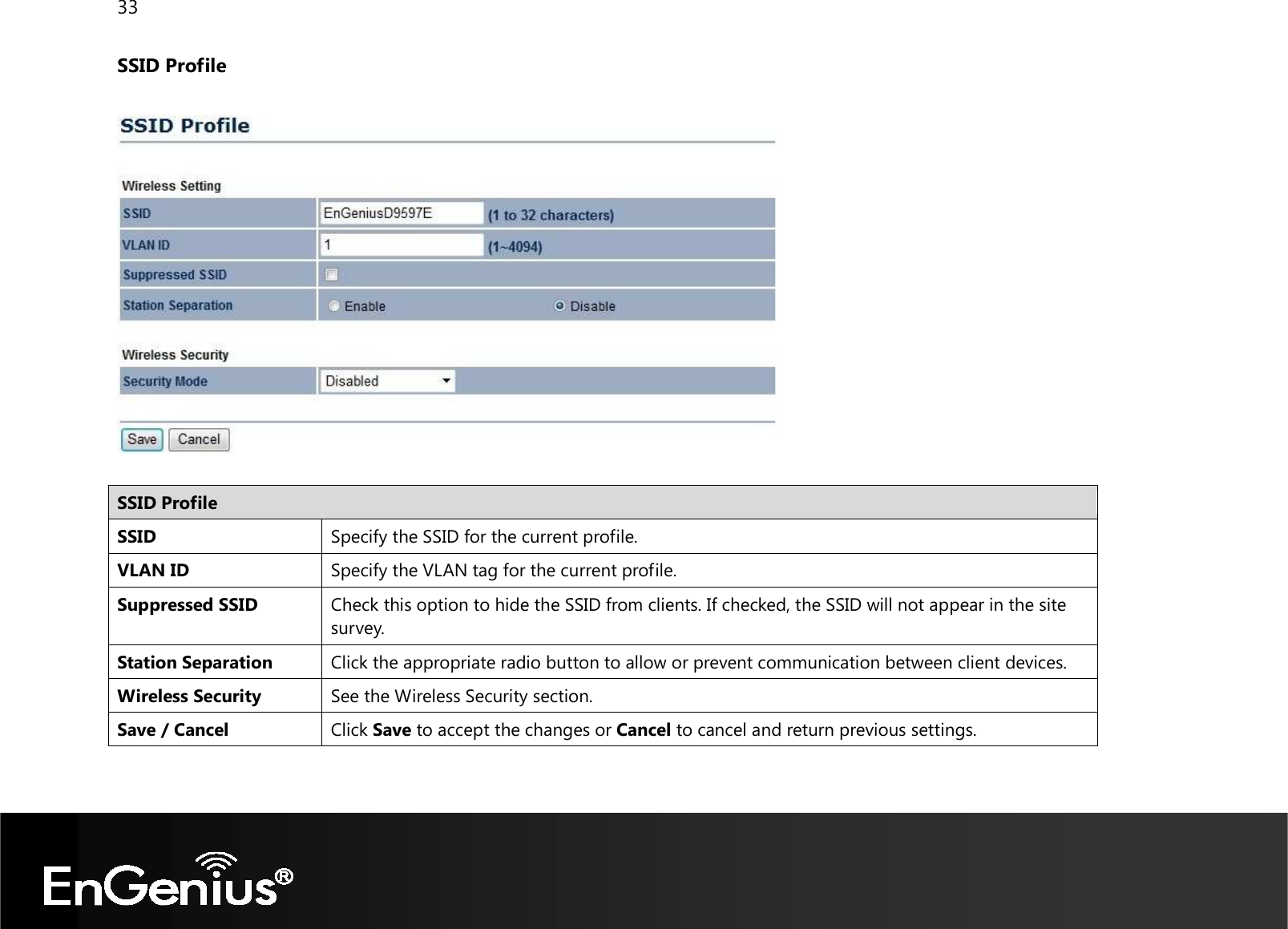 33  SSID Profile    SSID Profile SSID Specify the SSID for the current profile. VLAN ID Specify the VLAN tag for the current profile. Suppressed SSID Check this option to hide the SSID from clients. If checked, the SSID will not appear in the site survey. Station Separation Click the appropriate radio button to allow or prevent communication between client devices. Wireless Security See the Wireless Security section. Save / Cancel Click Save to accept the changes or Cancel to cancel and return previous settings.   
