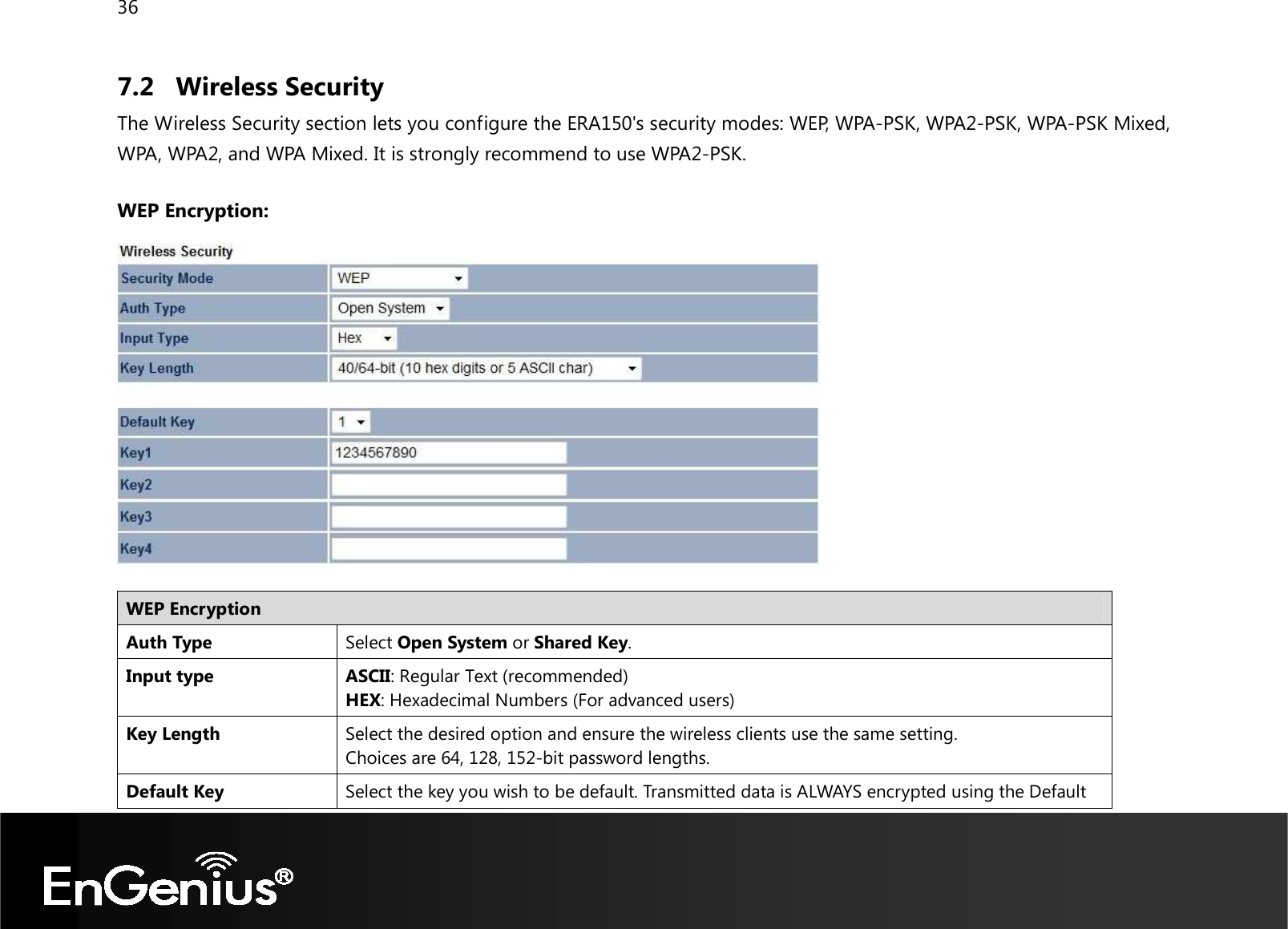 36  7.2 Wireless Security The Wireless Security section lets you configure the ERA150&apos;s security modes: WEP, WPA-PSK, WPA2-PSK, WPA-PSK Mixed, WPA, WPA2, and WPA Mixed. It is strongly recommend to use WPA2-PSK.  WEP Encryption:   WEP Encryption Auth Type Select Open System or Shared Key. Input type ASCII: Regular Text (recommended) HEX: Hexadecimal Numbers (For advanced users) Key Length Select the desired option and ensure the wireless clients use the same setting. Choices are 64, 128, 152-bit password lengths. Default Key Select the key you wish to be default. Transmitted data is ALWAYS encrypted using the Default 