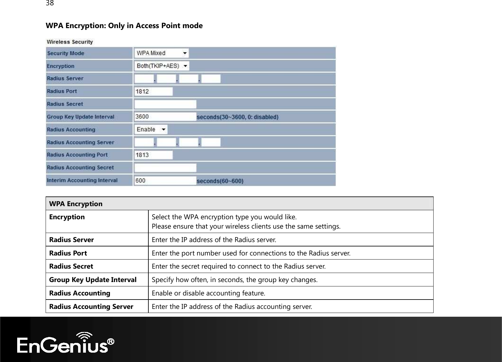 38  WPA Encryption: Only in Access Point mode   WPA Encryption Encryption Select the WPA encryption type you would like. Please ensure that your wireless clients use the same settings. Radius Server Enter the IP address of the Radius server. Radius Port Enter the port number used for connections to the Radius server. Radius Secret Enter the secret required to connect to the Radius server. Group Key Update Interval Specify how often, in seconds, the group key changes. Radius Accounting Enable or disable accounting feature. Radius Accounting Server Enter the IP address of the Radius accounting server. 