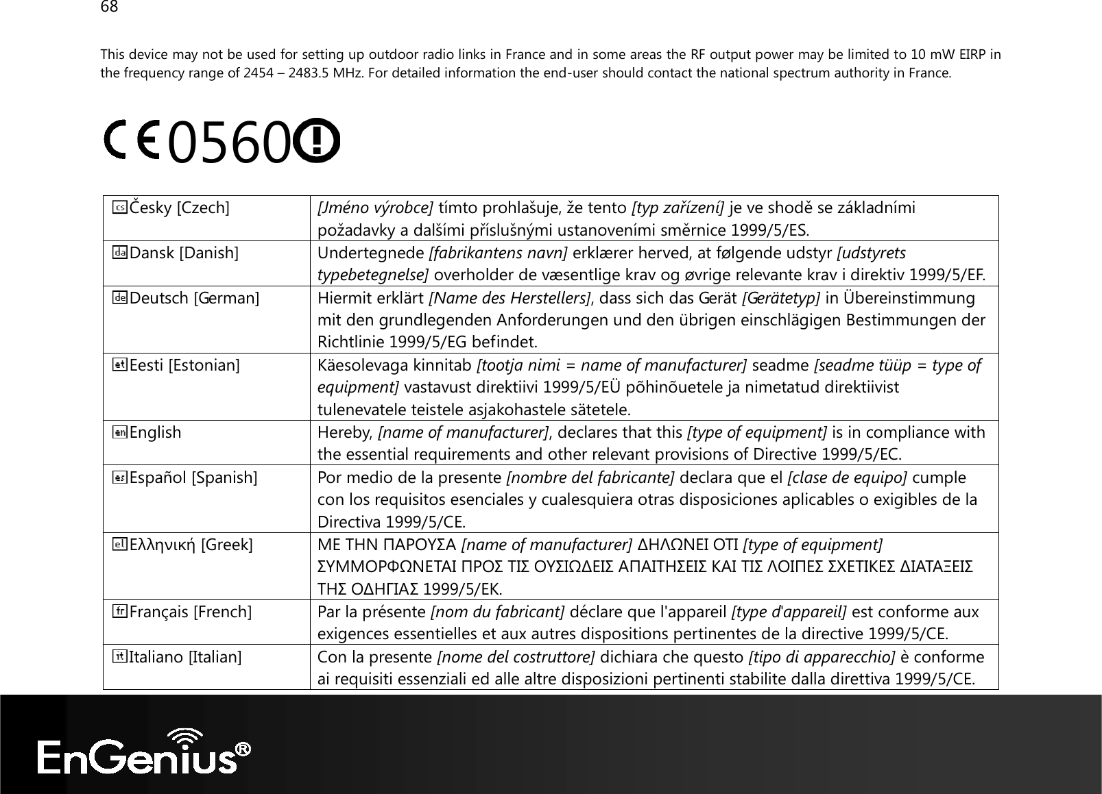 68  This device may not be used for setting up outdoor radio links in France and in some areas the RF output power may be limited to 10 mW EIRP in the frequency range of 2454 – 2483.5 MHz. For detailed information the end-user should contact the national spectrum authority in France.  0560   Česky [Czech] [Jméno výrobce] tímto prohlašuje, že tento [typ zařízení] je ve shodě se základními požadavky a dalšími příslušnými ustanoveními směrnice 1999/5/ES. Dansk [Danish] Undertegnede [fabrikantens navn] erklærer herved, at følgende udstyr [udstyrets typebetegnelse] overholder de væsentlige krav og øvrige relevante krav i direktiv 1999/5/EF. Deutsch [German]  Hiermit erklärt [Name des Herstellers], dass sich das Gerät [Gerätetyp] in Übereinstimmung mit den grundlegenden Anforderungen und den übrigen einschlägigen Bestimmungen der Richtlinie 1999/5/EG befindet. Eesti [Estonian] Käesolevaga kinnitab [tootja nimi = name of manufacturer] seadme [seadme tüüp = type of equipment] vastavust direktiivi 1999/5/EÜ põhinõuetele ja nimetatud direktiivist tulenevatele teistele asjakohastele sätetele. English Hereby, [name of manufacturer], declares that this [type of equipment] is in compliance with the essential requirements and other relevant provisions of Directive 1999/5/EC. Español [Spanish] Por medio de la presente [nombre del fabricante] declara que el [clase de equipo] cumple con los requisitos esenciales y cualesquiera otras disposiciones aplicables o exigibles de la Directiva 1999/5/CE. Ελληνική [Greek] ΜΕ ΤΗΝ ΠΑΡΟΥΣΑ [name of manufacturer] ∆ΗΛΩΝΕΙ ΟΤΙ [type of equipment] ΣΥΜΜΟΡΦΩΝΕΤΑΙ ΠΡΟΣ ΤΙΣ ΟΥΣΙΩ∆ΕΙΣ ΑΠΑΙΤΗΣΕΙΣ ΚΑΙ ΤΙΣ ΛΟΙΠΕΣ ΣΧΕΤΙΚΕΣ ∆ΙΑΤΑΞΕΙΣ ΤΗΣ Ο∆ΗΓΙΑΣ 1999/5/ΕΚ. Français [French] Par la présente [nom du fabricant] déclare que l&apos;appareil [type d&apos;appareil] est conforme aux exigences essentielles et aux autres dispositions pertinentes de la directive 1999/5/CE. Italiano [Italian] Con la presente [nome del costruttore] dichiara che questo [tipo di apparecchio] è conforme ai requisiti essenziali ed alle altre disposizioni pertinenti stabilite dalla direttiva 1999/5/CE. 