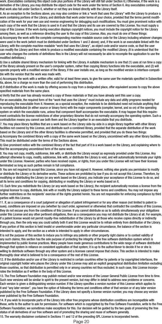 work. (Executables containing this object code plus portions of the Library will still fall under Section 6.) Otherwise, if the work is a derivative of the Library, you may distribute the object code for the work under the terms of Section 6. Any executables containing that work also fall under Section 6, whether or not they are linked directly with the Library itself.6. As an exception to the Sections above, you may also combine or link a “work that uses the Library” with the Library to produce a work containing portions of the Library, and distribute that work under terms of your choice, provided that the terms permit modi-cation of the work for your own use and reverse engineering for debugging such modications. You must give prominent notice with each copy of the work that the Library is used in it and that the Library and its use are covered by this License. You must supply a copy of this License. If the work during execution displays copyright notices, you must include the copyright notice for the Library among them, as well as a reference directing the user to the copy of this License. Also, you must do one of these things:a) Accompany the work with the complete corresponding machine-readable source code for the Library including whatever changes were used in the work (which must be distributed under Sections 1 and 2 above); and, if the work is an executable linked with the Library, with the complete machine-readable “work that uses the Library”, as object code and/or source code, so that the user can modify the Library and then relink to produce a modied executable containing the modied Library. (It is understood that the user who changes the contents of denitions les in the Library will not necessarily be able to recompile the application to use the modied denitions.)b) Use a suitable shared library mechanism for linking with the Library. A suitable mechanism is one that (1) uses at run time a copy of the library already present on the user’s computer system, rather than copying library functions into the executable, and (2) will operate properly with a modied version of the library, if the user installs one, as long as the modied version is interface-compati-ble with the version that the work was made with.c) Accompany the work with a written offer, valid for at least three years, to give the same user the materials specied in Subsection 6a, above, for a charge no more than the cost of performing this distribution.d) If distribution of the work is made by offering access to copy from a designated place, offer equivalent access to copy the above specied materials from the same place.e) Verify that the user has already received a copy of these materials or that you have already sent this user a copy.For an executable, the required form of the “work that uses the Library” must include any data and utility programs needed for reproducing the executable from it. However, as a special exception, the materials to be distributed need not include anything that is normally distributed (in either source or binary form) with the major components (compiler, kernel, and so on) of the operating system on which the executable runs, unless that component itself accompanies the executable. It may happen that this require-ment contradicts the license restrictions of other proprietary libraries that do not normally accompany the operating system. Such a contradiction means you cannot use both them and the Library together in an executable that you distribute.7. You may place library facilities that are a work based on the Library side-by-side in a single library together with other library facilities not covered by this License, and distribute such a combined library, provided that the separate distribution of the work based on the Library and of the other library facilities is otherwise permitted, and provided that you do these two things:a) Accompany the combined library with a copy of the same work based on the Library, uncombined with any other library facilities. This must be distributed under the terms of the Sections above.b) Give prominent notice with the combined library of the fact that part of it is a work based on the Library, and explaining where to nd the accompanying uncombined form of the same work.8. You may not copy, modify, sublicense, link with, or distribute the Library except as expressly provided under this License. Any attempt otherwise to copy, modify, sublicense, link with, or distribute the Library is void, and will automatically terminate your rights under this License. However, parties who have received copies, or rights, from you under this License will not have their licenses terminated so long as such parties remain in full compliance.9. You are not required to accept this License, since you have not signed it. However, nothing else grants you permission to modify or distribute the Library or its derivative works. These actions are prohibited by law if you do not accept this License. Therefore, by modifying or distributing the Library (or any work based on the Library), you indicate your acceptance of this License to do so, and all its terms and conditions for copying, distributing or modifying the Library or works based on it.10. Each time you redistribute the Library (or any work based on the Library), the recipient automatically receives a license from the original licensor to copy, distribute, link with or modify the Library subject to these terms and conditions. You may not impose any further restrictions on the recipients’ exercise of the rights granted herein. You are not responsible for enforcing compliance by third parties with this License.11. If, as a consequence of a court judgment or allegation of patent infringement or for any other reason (not limited to patent is-sues), conditions are imposed on you (whether by court order, agreement or otherwise) that contradict the conditions of this License, they do not excuse you from the conditions of this License. If you cannot distribute so as to satisfy simultaneously your obligations under this License and any other pertinent obligations, then as a consequence you may not distribute the Library at all. For example, if a patent license would not permit royalty-free redistribution of the Library by all those who receive copies directly or indirectly through you, then the only way you could satisfy both it and this License would be to refrain entirely from distribution of the Library.If any portion of this section is held invalid or unenforceable under any particular circumstance, the balance of the section is intended to apply, and the section as a whole is intended to apply in other circumstances.It is not the purpose of this section to induce you to infringe any patents or other property right claims or to contest validity of any such claims; this section has the sole purpose of protecting the integrity of the free software distribution system which is implemented by public license practices. Many people have made generous contributions to the wide range of software distributed through that system in reliance on consistent application of that system; it is up to the author/donor to decide if he or she is willing to distribute software through any other system and a licensee cannot impose that choice. This section is intended to make thoroughly clear what is believed to be a consequence of the rest of this License.12. If the distribution and/or use of the Library is restricted in certain countries either by patents or by copyrighted interfaces, the original copyright holder who places the Library under this License may add an explicit geographical distribution limitation excluding those countries, so that distribution is permitted only in or among countries not thus excluded. In such case, this License incorpo-rates the limitation as if written in the body of this License.13. The Free Software Foundation may publish revised and/or new versions of the Lesser General Public License from time to time. Such new versions will be similar in spirit to the present version, but may differ in detail to address new problems or concerns. Each version is given a distinguishing version number. If the Library species a version number of this License which applies to it and “any later version”, you have the option of following the terms and conditions either of that version or of any later version published by the Free Software Foundation. If the Library does not specify a license version number, you may choose any version ever published by the Free Software Foundation.14. If you wish to incorporate parts of the Library into other free programs whose distribution conditions are incompatible with these, write to the author to ask for permission. For software which is copyrighted by the Free Software Foundation, write to the Free Software Foundation; we sometimes make exceptions for this. Our decision will be guided by the two goals of preserving the free status of all derivatives of our free software and of promoting the sharing and reuse of software generally.15. The warranty disclaimer contained in Sections 11 and 12 of the preceding GPL License is incorporated herein.Page 20