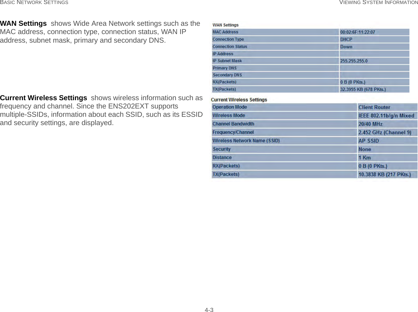 BASIC NETWORK SETTINGS VIEWING SYSTEM INFORMATION 4-3WAN Settings  shows Wide Area Network settings such as the MAC address, connection type, connection status, WAN IP address, subnet mask, primary and secondary DNS.Current Wireless Settings  shows wireless information such as frequency and channel. Since the ENS202EXT supports multiple-SSIDs, information about each SSID, such as its ESSID and security settings, are displayed.