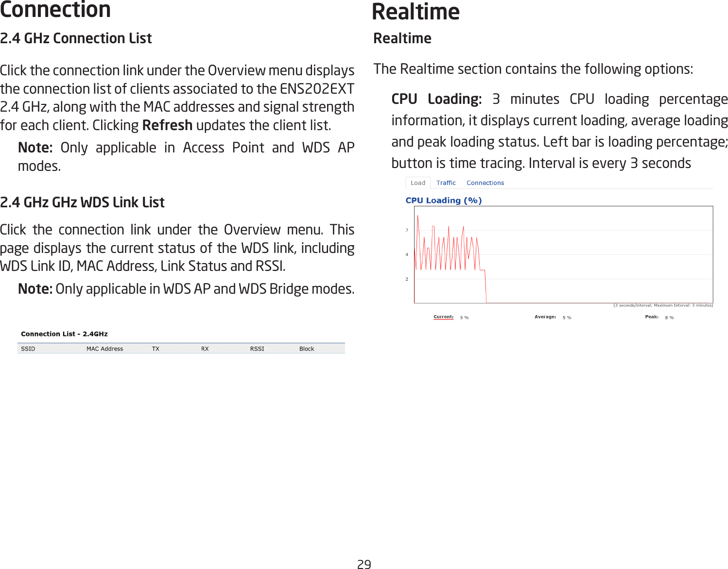 292.4 GHz Connection ListClick the connection link under the Overview menu displays the connection list of clients associated to the ENS202EXT 2.4 GHz, along with the MAC addresses and signal strength for each client. Clicking Refresh updates the client list.Note:  Only applicable in Access Point and WDS AP modes.2.4 GHz GHz WDS Link ListClick the connection link under the Overview menu. This page displays the current status of the WDS link, including WDS Link ID, MAC Address, Link Status and RSSI.Note: Only applicable in WDS AP and WDS Bridge modes.RealtimeThe Realtime section contains the following options:  CPU Loading: 3 minutes CPU loading percentage information, it displays current loading, average loading and peak loading status. Left bar is loading percentage; button is time tracing. Interval is every 3 secondsConnection   Realtime  
