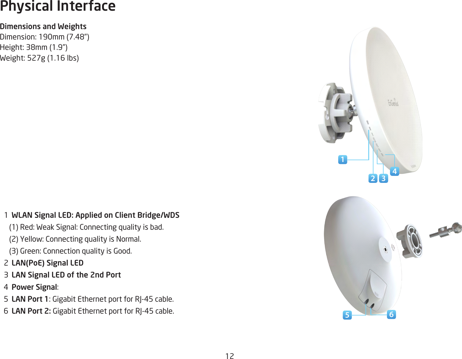 12Physical InterfaceDimensions and WeightsDimension:190mm(7.48”)Height:38mm(1.9”)Weight:527g(1.16lbs)  1  WLAN Signal LED: Applied on Client Bridge/WDS(1)Red:WeakSignal:Connectingqualityisbad.(2)Yellow:ConnectingqualityisNormal.(3)Green:ConnectionqualityisGood.  2  LAN(PoE) Signal LED  3  LAN Signal LED of the 2nd Port  4  Power Signal:   5  LAN Port 1: Gigabit Ethernet port for RJ-45 cable.  6  LAN Port 2: Gigabit Ethernet port for RJ-45 cable. 54162 3