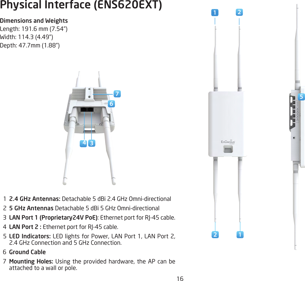 16Physical Interface (ENS620EXT)Dimensions and WeightsLength:191.6mm(7.54”)Width:114.3(4.49”)Depth:47.7mm(1.88”)  1  2.4 GHz Antennas: Detachable 5 dBi 2.4 GHz Omni-directional  2  5 GHz Antennas Detachable 5 dBi 5 GHz Omni-directional  3  LAN Port 1 (Proprietary24V PoE):EthernetportforRJ-45cable.  4  LAN Port 2 : EthernetportforRJ-45cable.  5  LED Indicators: LEDlightsforPower,LANPort1,LANPort2,2.4 GHz Connection and 5 GHz Connection.  6  Ground Cable  7  Mounting Holes:Usingtheprovided hardware, the AP canbeattached to a wall or pole.1 6722 15341 
