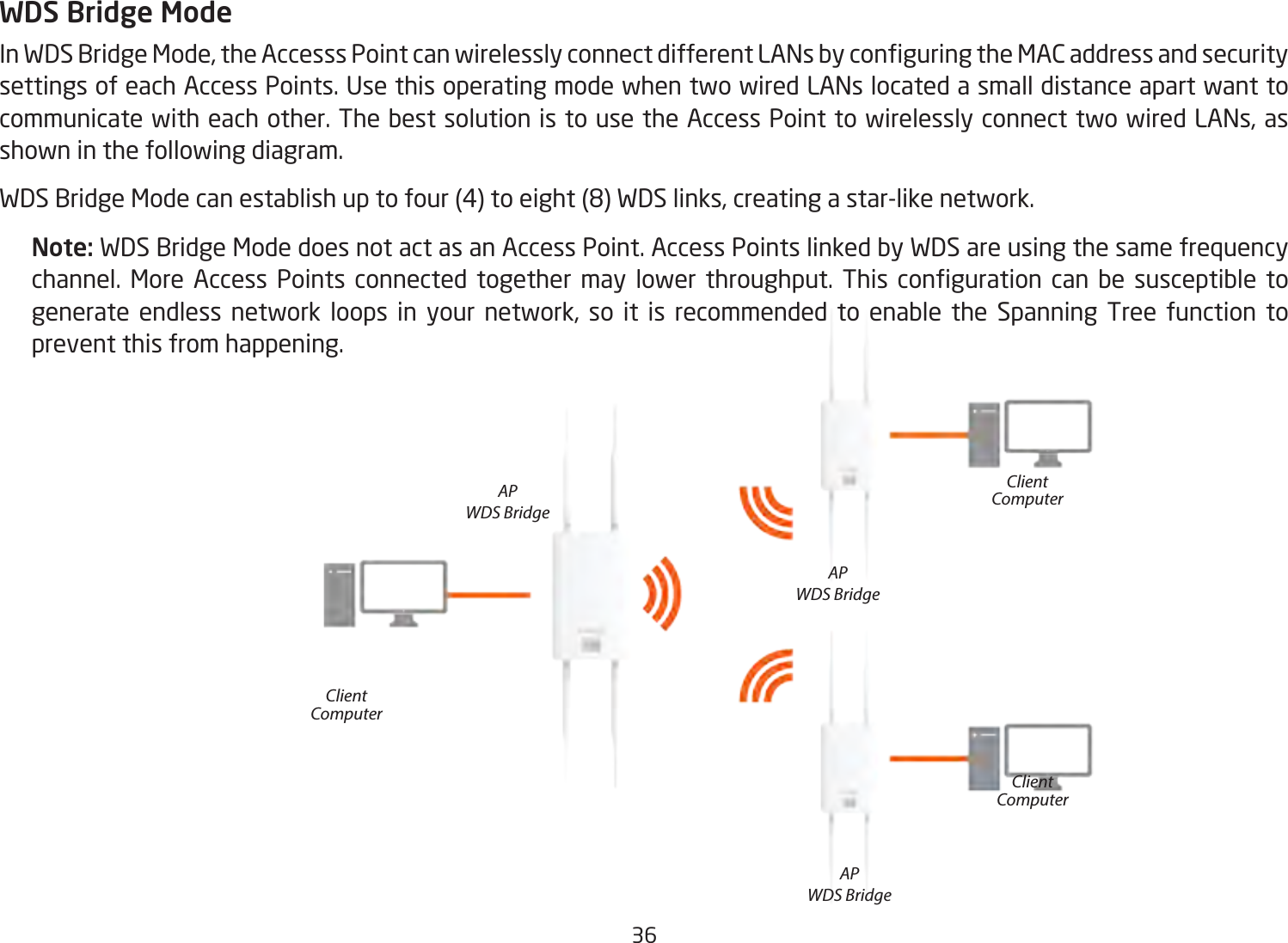 36WDS Bridge ModeInWDSBridgeMode,theAccesssPointcanwirelesslyconnectdifferentLANsbyconguringtheMACaddressandsecuritysettingsofeachAccessPoints.UsethisoperatingmodewhentwowiredLANslocatedasmalldistanceapartwanttocommunicatewitheachother.ThebestsolutionistousetheAccessPointtowirelesslyconnecttwowiredLANs,asshown in the following diagram. WDSBridgeModecanestablishuptofour(4)toeight(8)WDSlinks,creatingastar-likenetwork.Note: WDS Bridge Mode does not act as an Access Point. Access Points linked by WDS are using the same frequency channel. More Access Points connected together may lower throughput. This conguration can be susceptible togenerate endless network loops in your network, so it is recommended to enable the Spanning Tree function toprevent this from happening.APWDS BridgeAPWDS BridgeAPWDS BridgeClientComputerClientComputerClientComputer