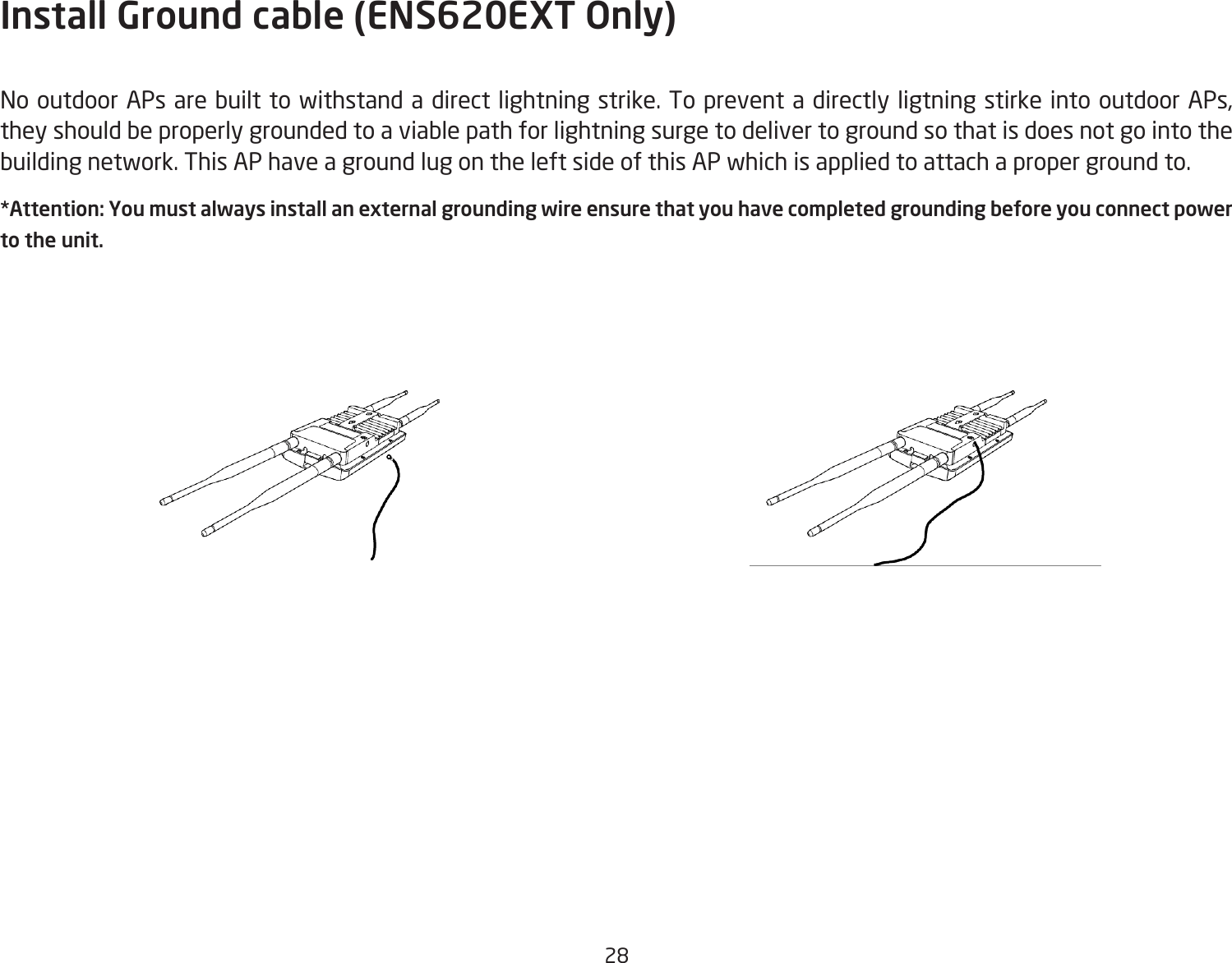 28Install Ground cable (ENS620EXT Only)NooutdoorAPsarebuilttowithstandadirectlightningstrike.TopreventadirectlyligtningstirkeintooutdoorAPs,they should be properly grounded to a viable path for lightning surge to deliver to ground so that is does not go into the building network. This AP have a ground lug on the left side of this AP which is applied to attach a proper ground to.*Attention: You must always install an external grounding wire ensure that you have completed grounding before you connect power to the unit.