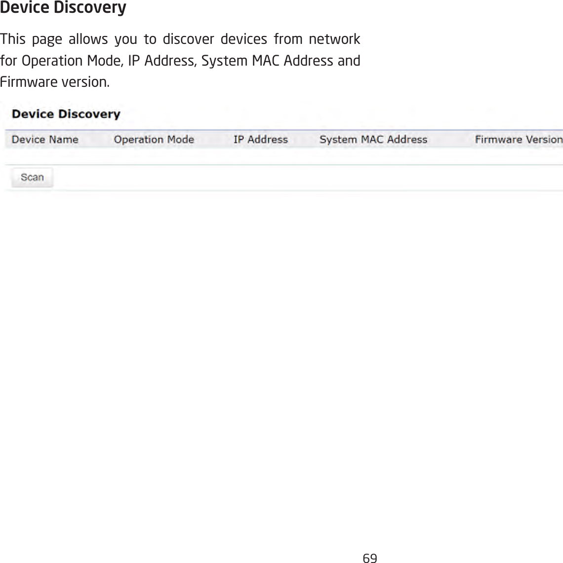 69Device Discovery This page allows you to discover devices from network forOperationMode,IPAddress,SystemMACAddressandFirmware version.