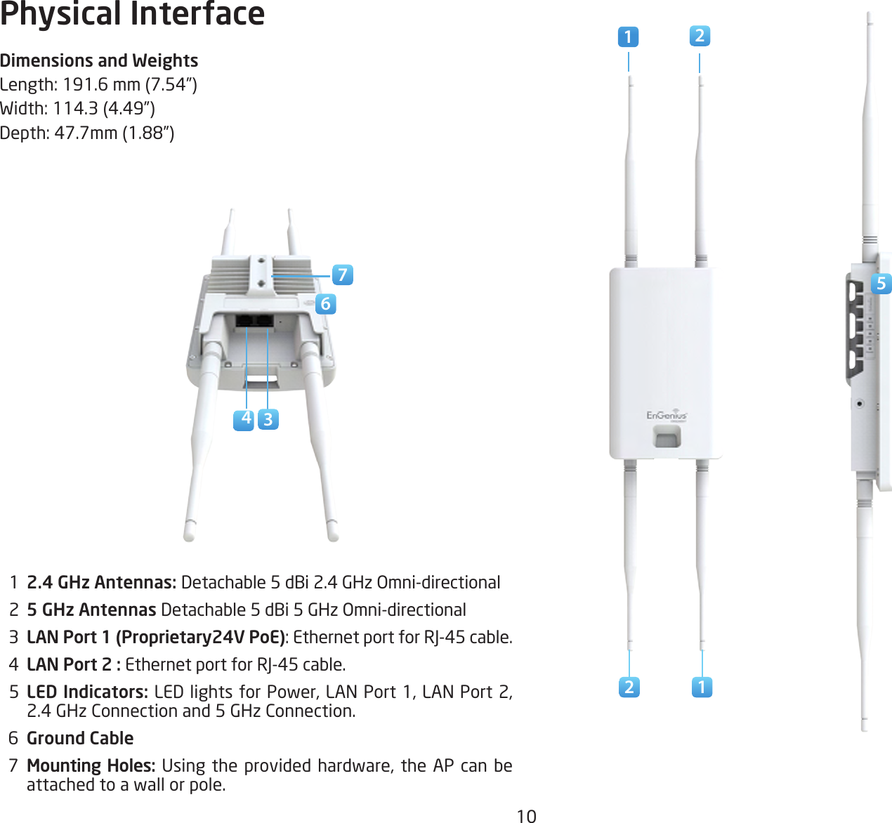 10Physical InterfaceDimensions and WeightsLength: 191.6 mm (7.54”)Width: 114.3 (4.49”)Depth:47.7mm(1.88”)  1  2.4 GHz Antennas: Detachable5dBi2.4GHzOmni-directional  2  5 GHz Antennas Detachable5dBi5GHzOmni-directional  3  LAN Port 1 (Proprietary24V PoE): Ethernet port for RJ-45 cable.  4  LAN Port 2 : Ethernet port for RJ-45 cable.  5  LED Indicators: LED lights for Power, LAN Port 1, LAN Port 2, 2.4 GHz Connection and 5 GHz Connection.  6  Ground Cable  7  Mounting Holes:Usingtheprovidedhardware, the AP can beattached to a wall or pole.1 6722 1534