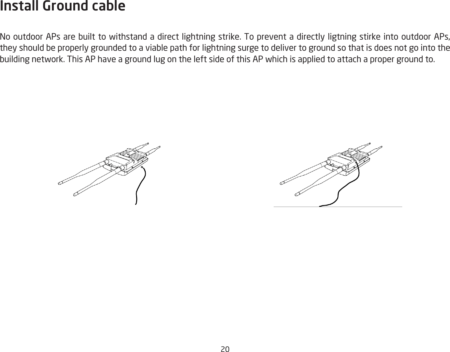 20Install Ground cableNo outdoor APs are built to withstand a direct lightning strike. To prevent a directly ligtning stirke into outdoor APs, they should be properly grounded to a viable path for lightning surge to deliver to ground so that is does not go into the building network. This AP have a ground lug on the left side of this AP which is applied to attach a proper ground to.