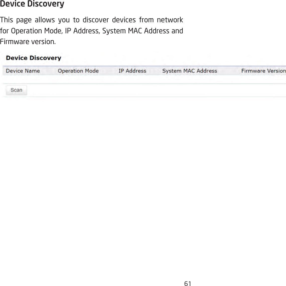 61Device Discovery This page allows you to discover devices from network forOperationMode,IPAddress,SystemMACAddressandFirmware version.